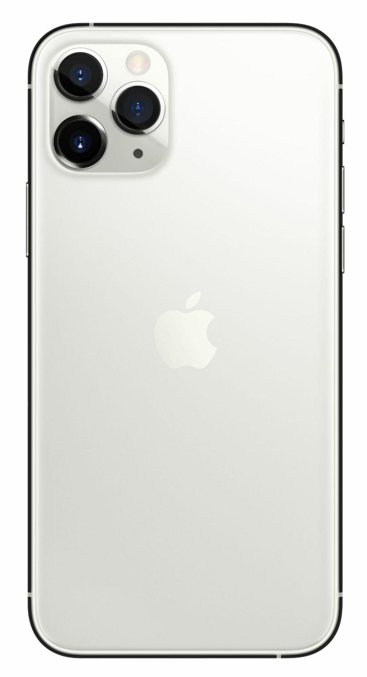 Biały iPhone 11 Pro, widok z tyłu. Posiada trzy aparaty, lampę błyskową i logo Apple. Telefon ma czarną ramkę.