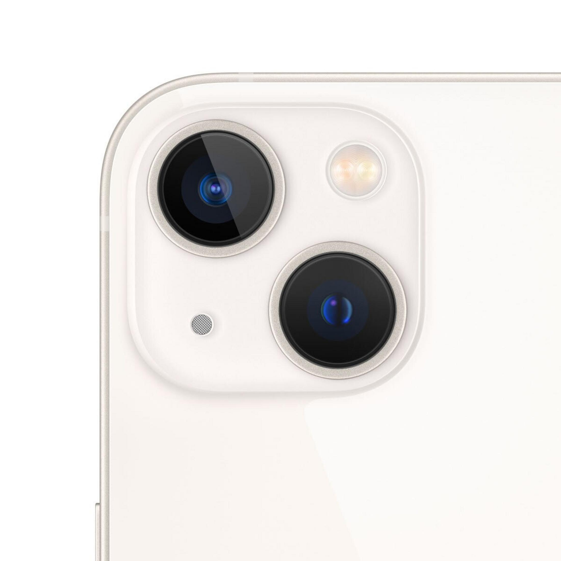 Close-up of a white phone's camera module. Two lenses, a flash, and a small microphone are visible.