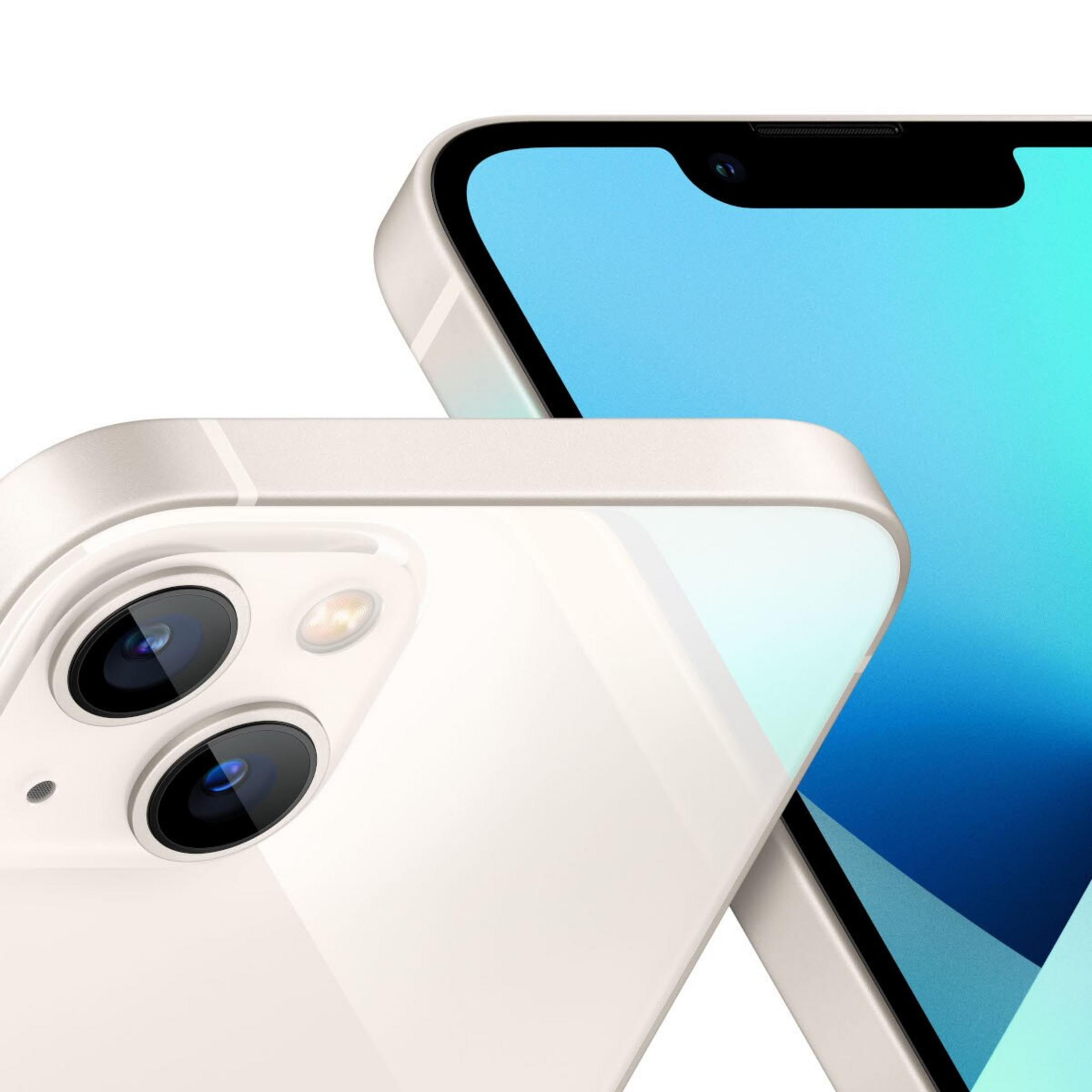 Two white smartphones, one showing camera lenses, the other a blue screen. Both devices are angled, and on white background.