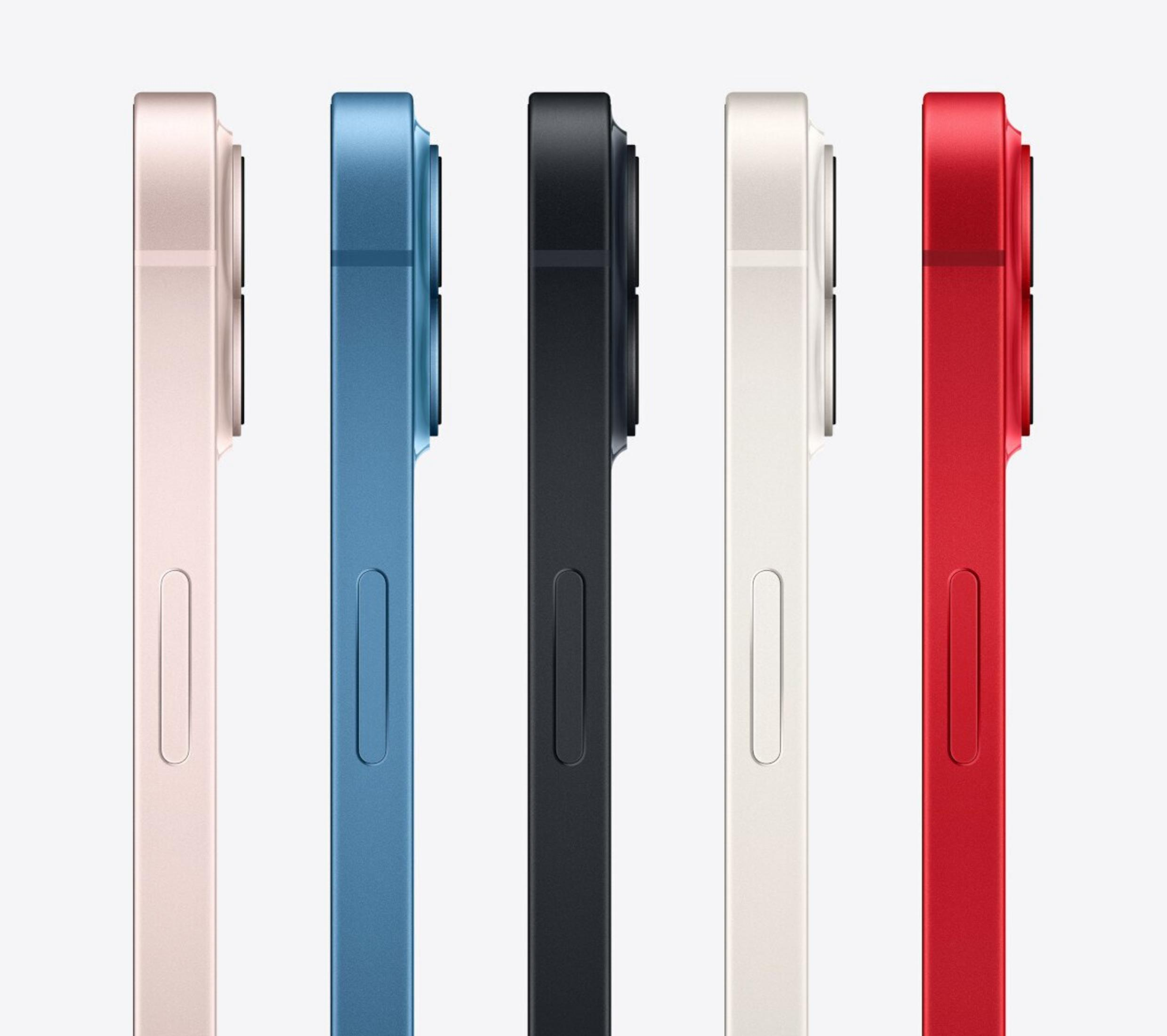 Five iPhone 13s in different colors: pink, blue, black, white, and red. Side view, showing the camera and the buttons.