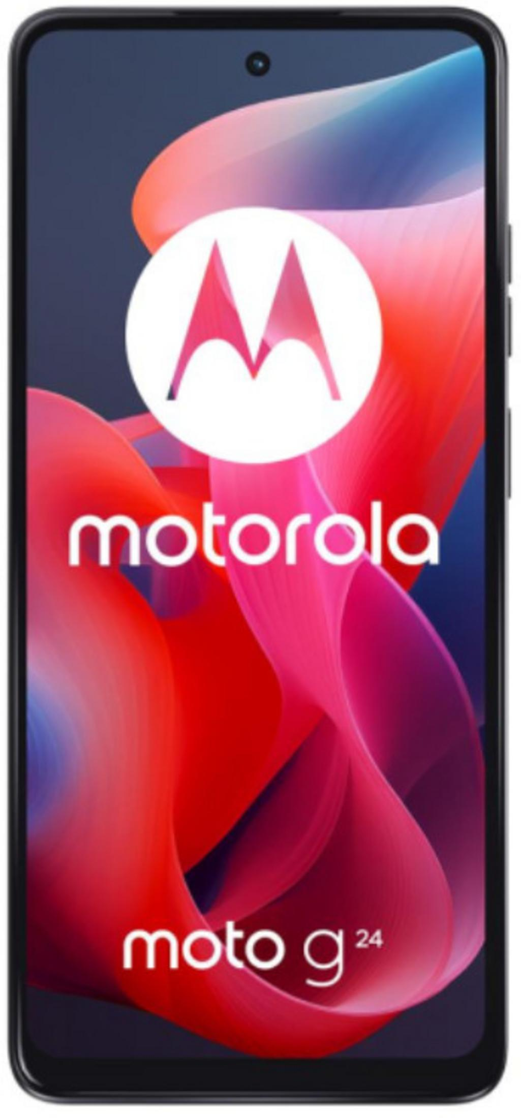 Motorola Moto G24-Telefon auf dem Display. Mit Motorola-Logo, rotem und blauem Farbverlauf im Hintergrund.