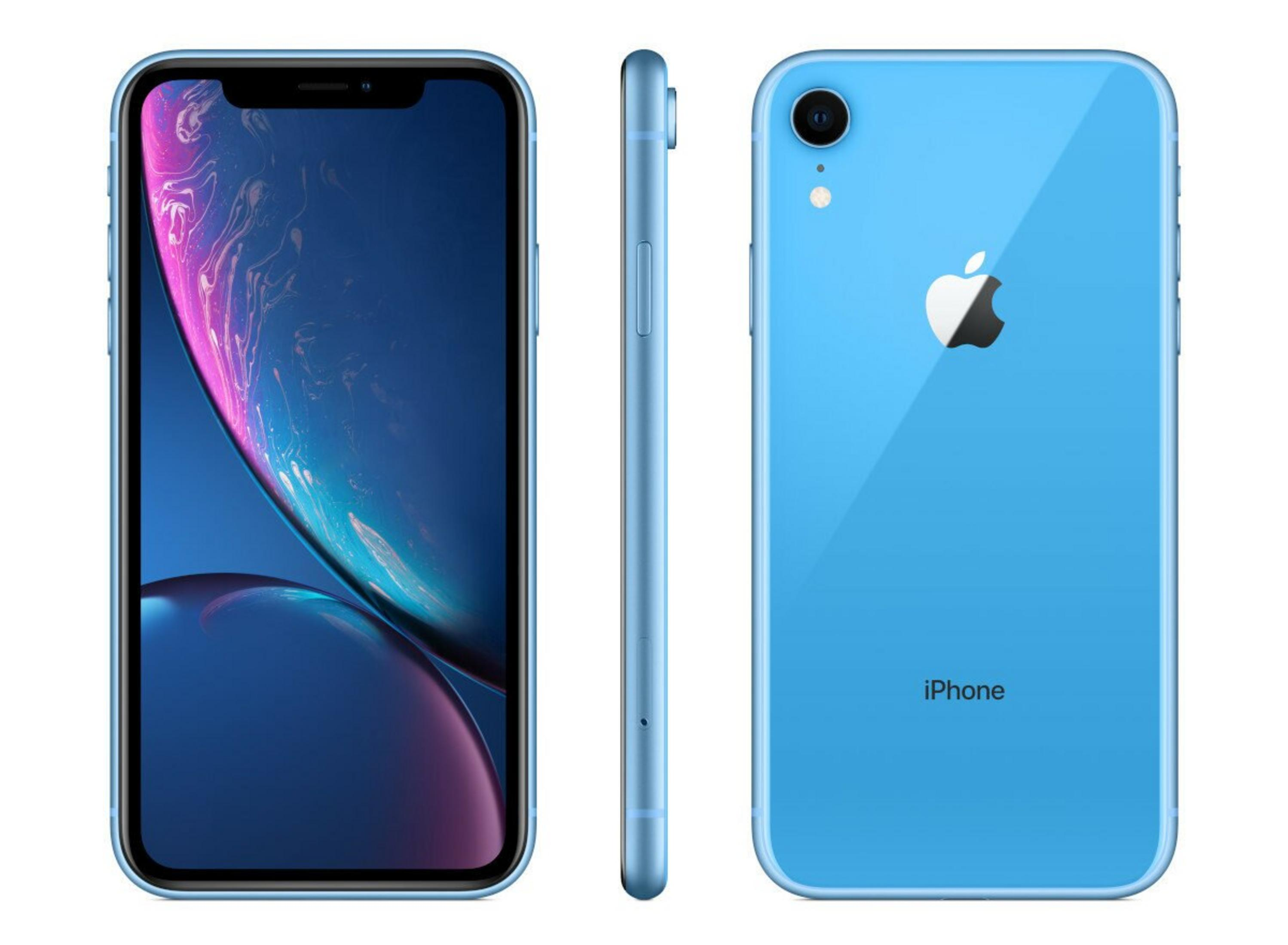 Trzy widoki niebieskiego iPhone'a. Pokazano widoki z przodu, z boku i z tyłu. Tył ma aparat i logo Apple.