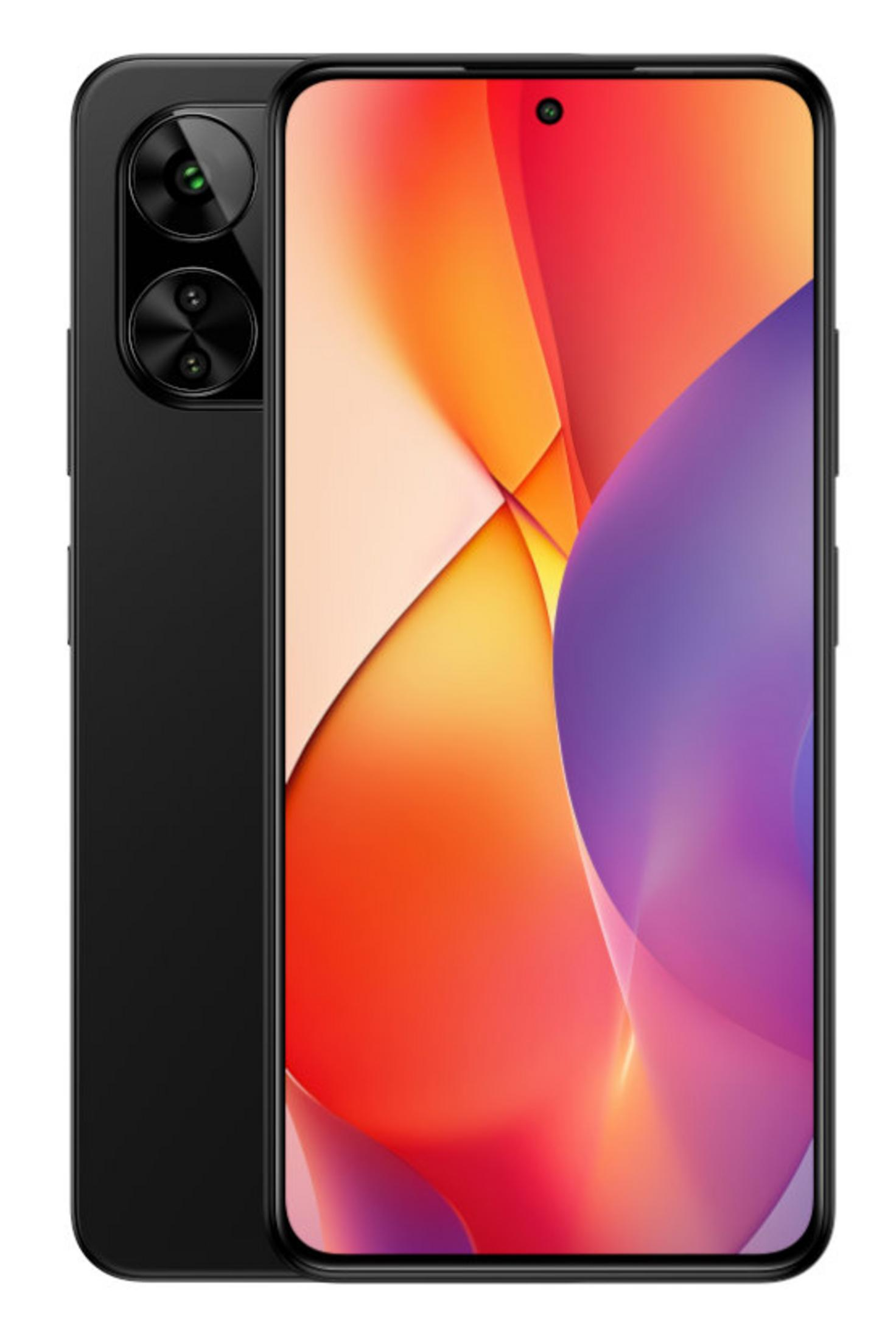 Czarny smartfon z dwoma aparatami, zakrzywiony ekran wyświetlający pomarańczowy, czerwony i fioletowy abstrakcyjny wzór. Widoczny tył telefonu.