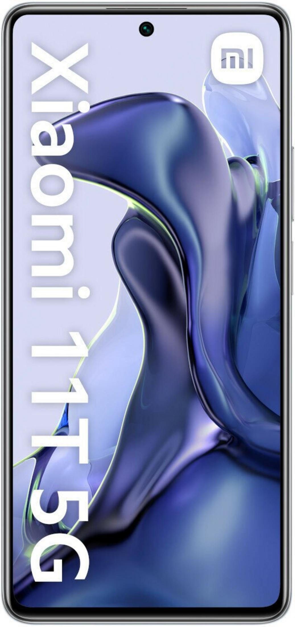 Telefono Xiaomi 11T 5G su sfondo blu e viola. Ha una fotocamera e il logo Xiaomi.