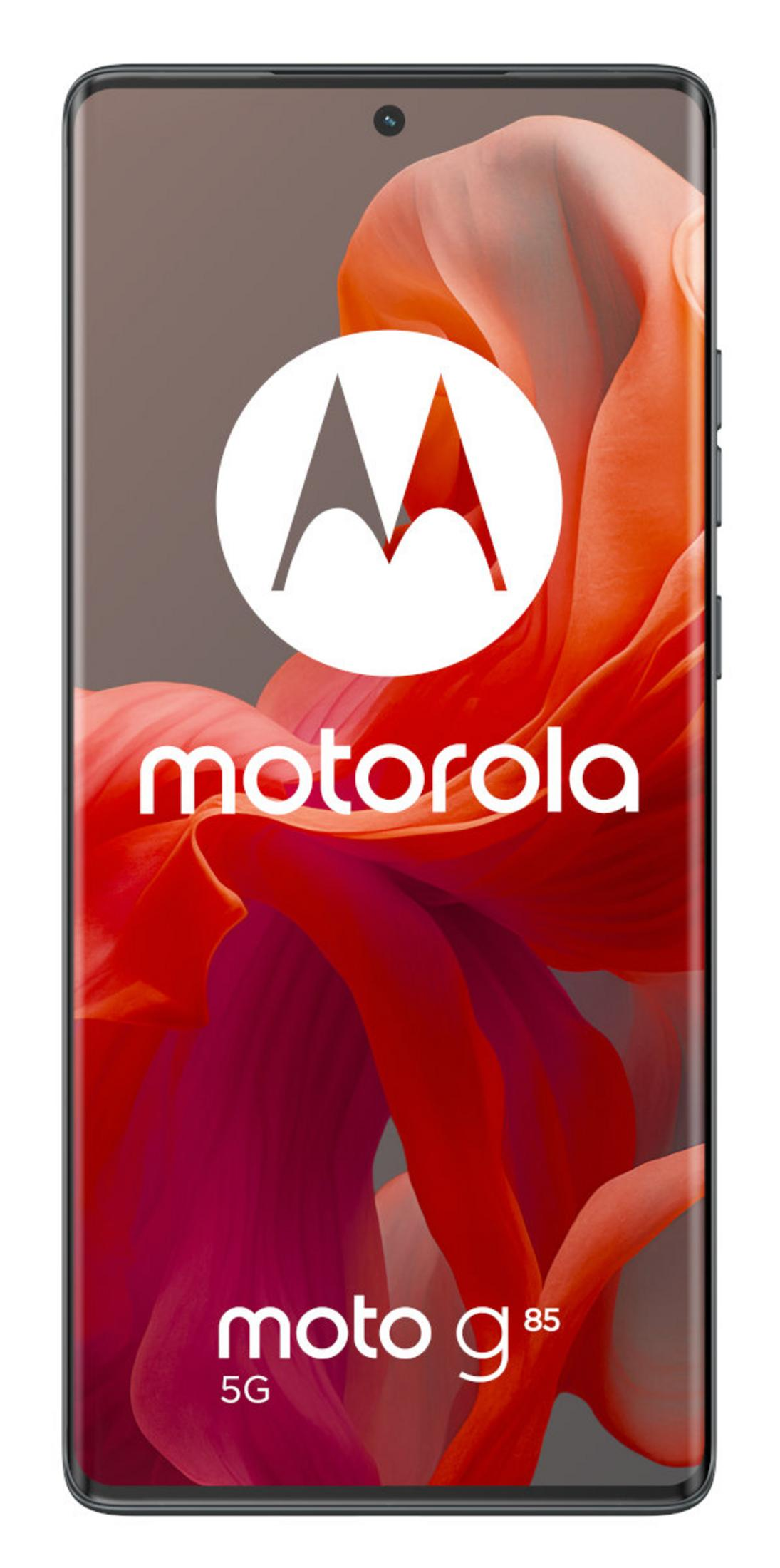 Motorola-Telefon mit Logo und Text 'motorola moto g 5G'. Hintergrund aus wirbelnden roten und orangen Farben.