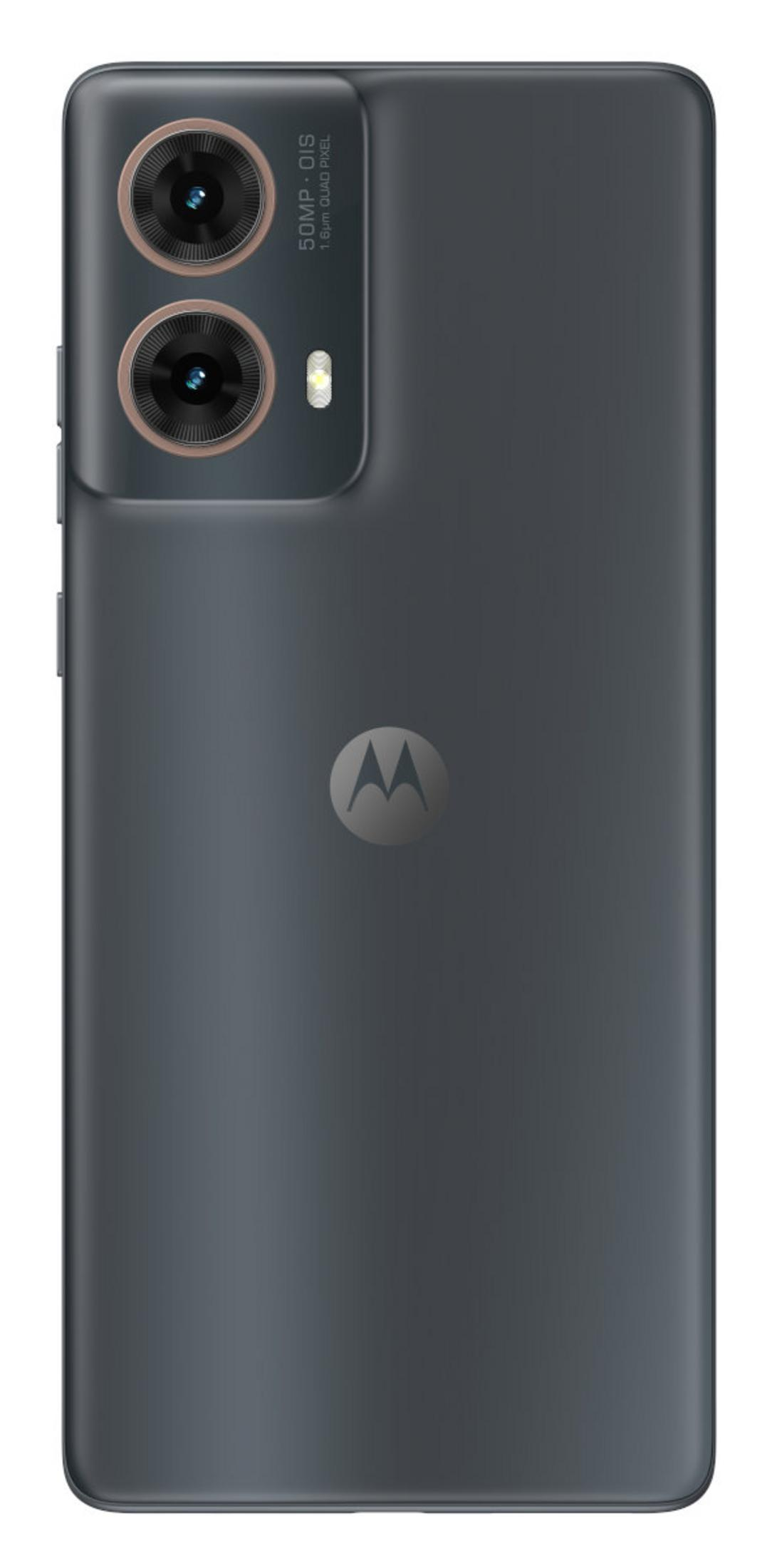 Rückansicht eines dunkelgrauen Motorola-Telefons. Merkmale sind zwei Kameras, ein Blitz und das Motorola-Logo.