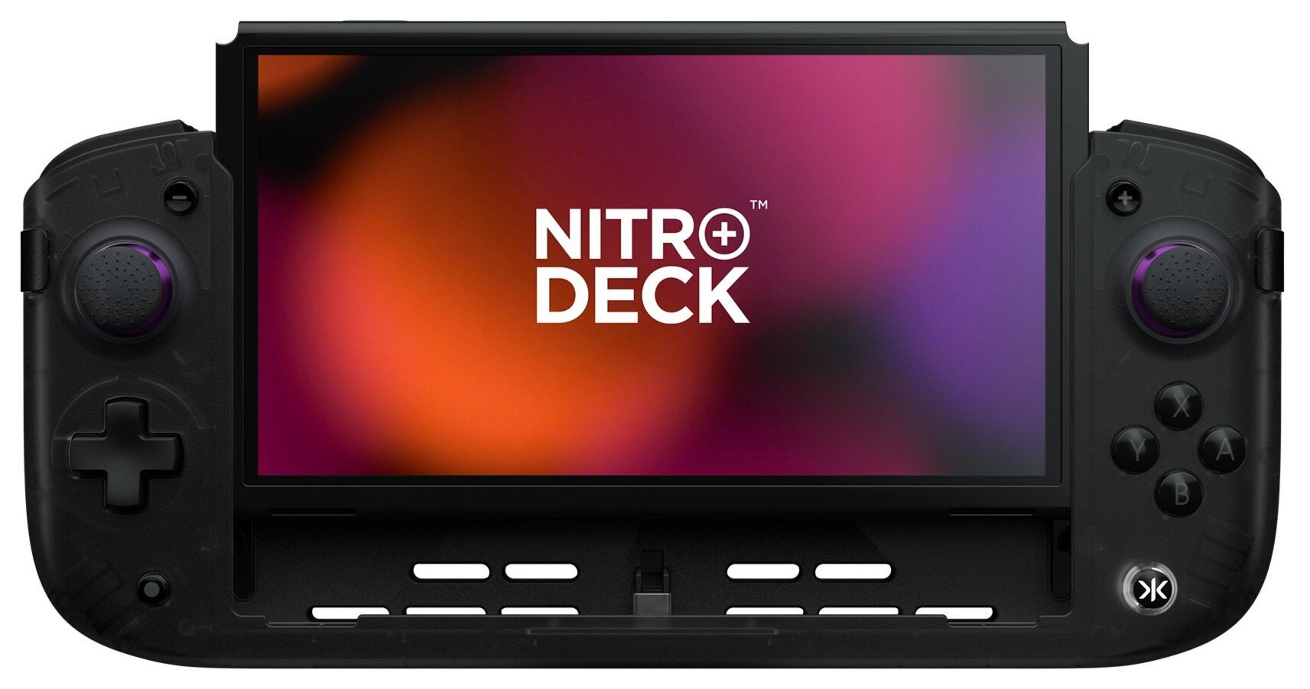 Schwarzes Nitro Deck mit Bildschirm, der Logo zeigt. Knöpfe und Joysticks sind sichtbar. Der Hintergrund ist orange, lila.
