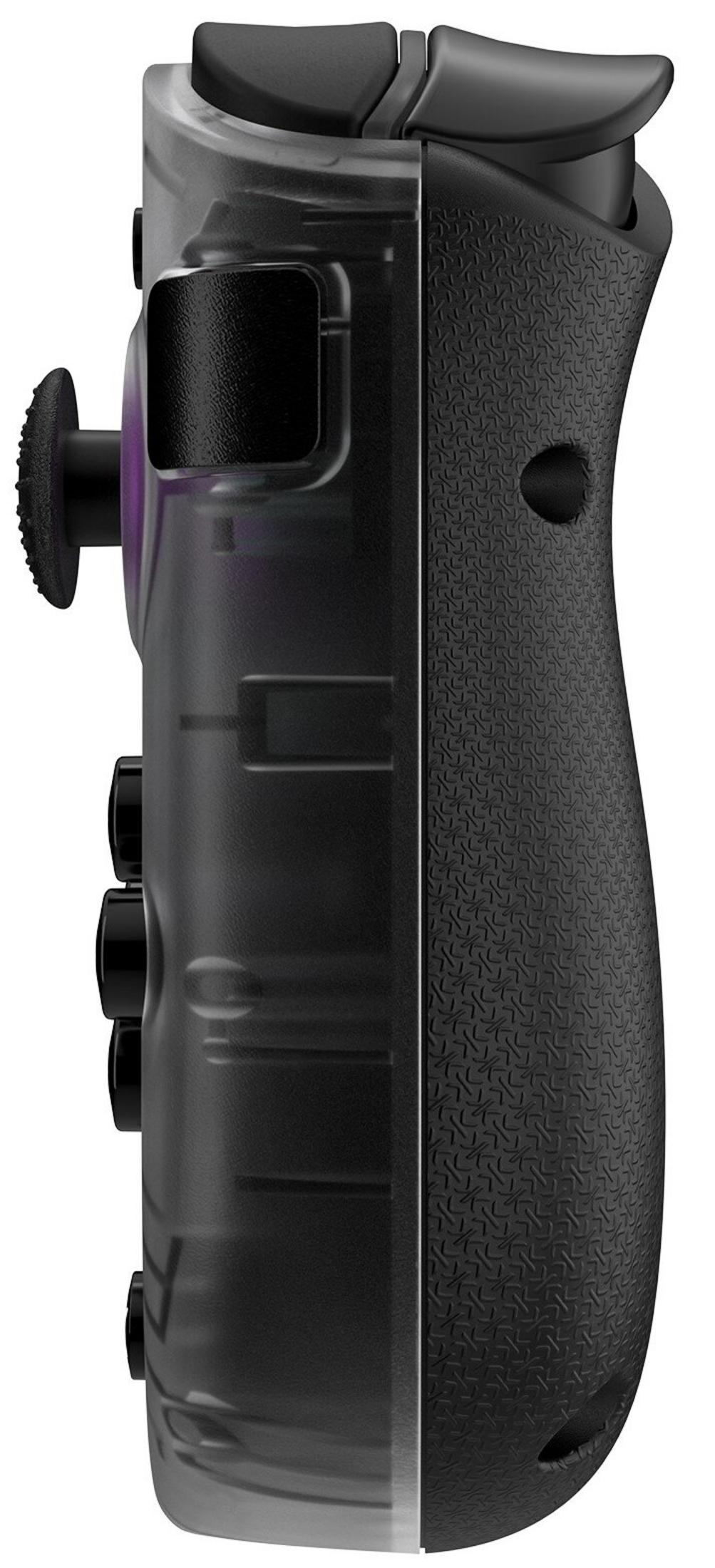 Seitenansicht eines schwarzen und transparenten Gamecontrollers. Mit Tasten, einem Joystick und einem strukturierten Griff.