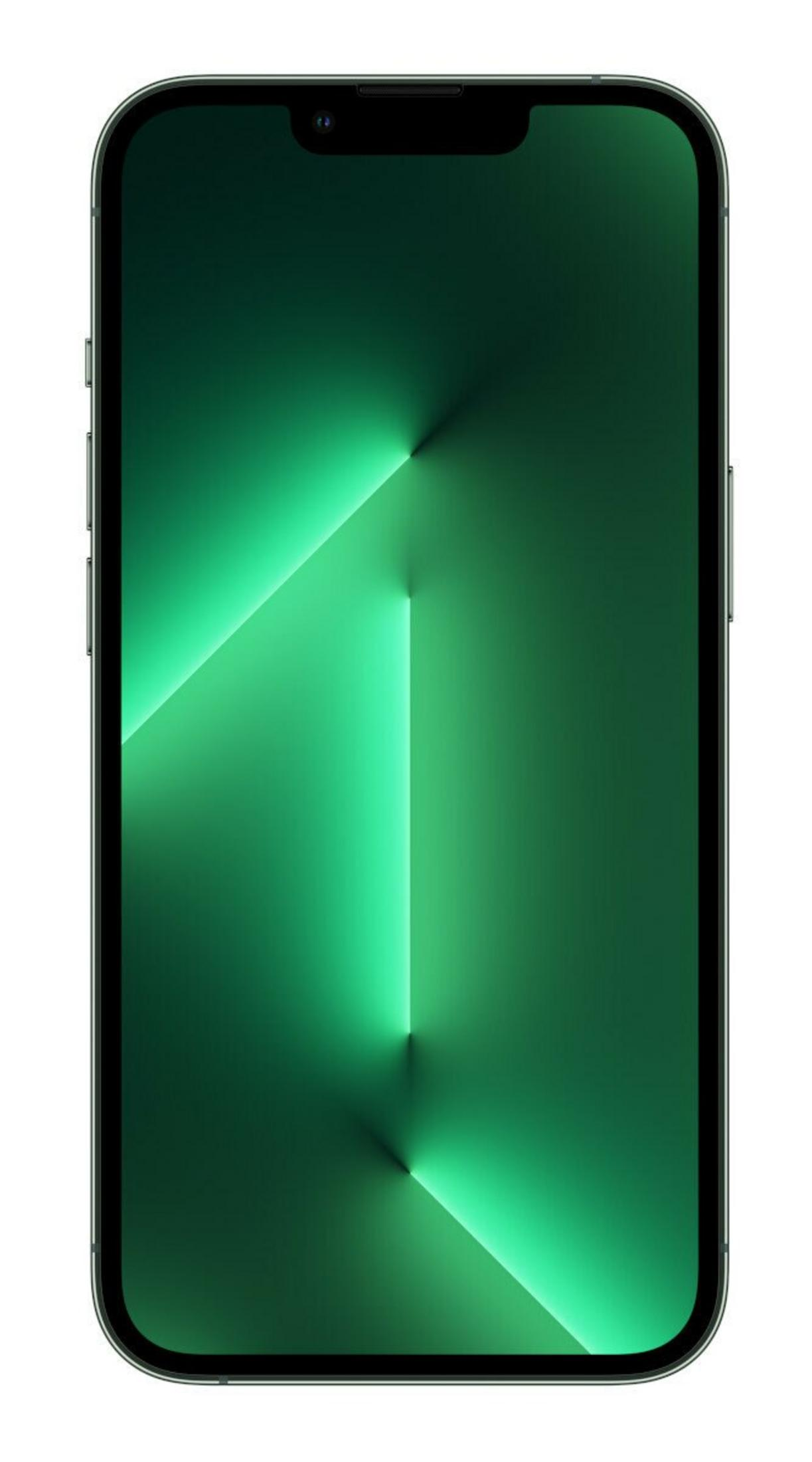 iPhone z zielonym wyświetlaczem gradientowym. Ekran ma wcięcie u góry. Telefon na białym tle.