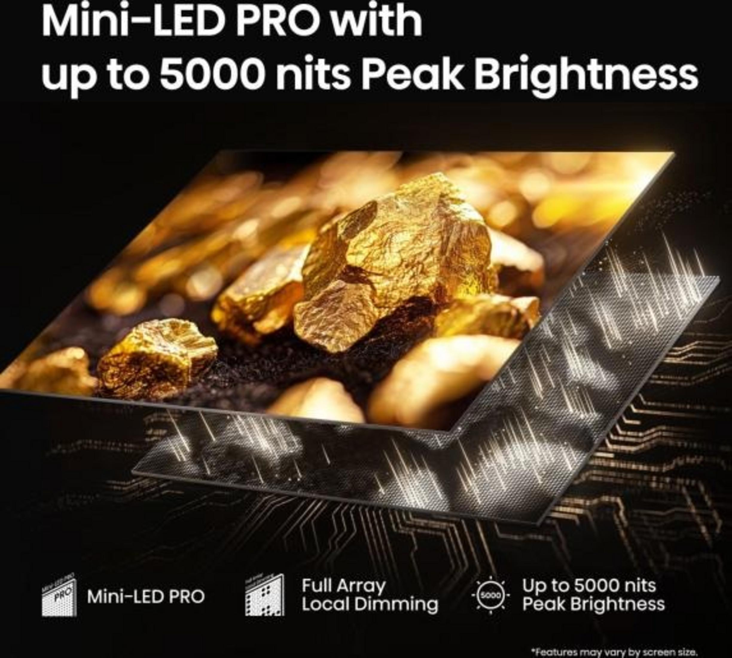 Afbeelding toont een display met goudachtige objecten, tekstoverlay: Mini-LED PRO, tot 5000 nits Peak Brightness.