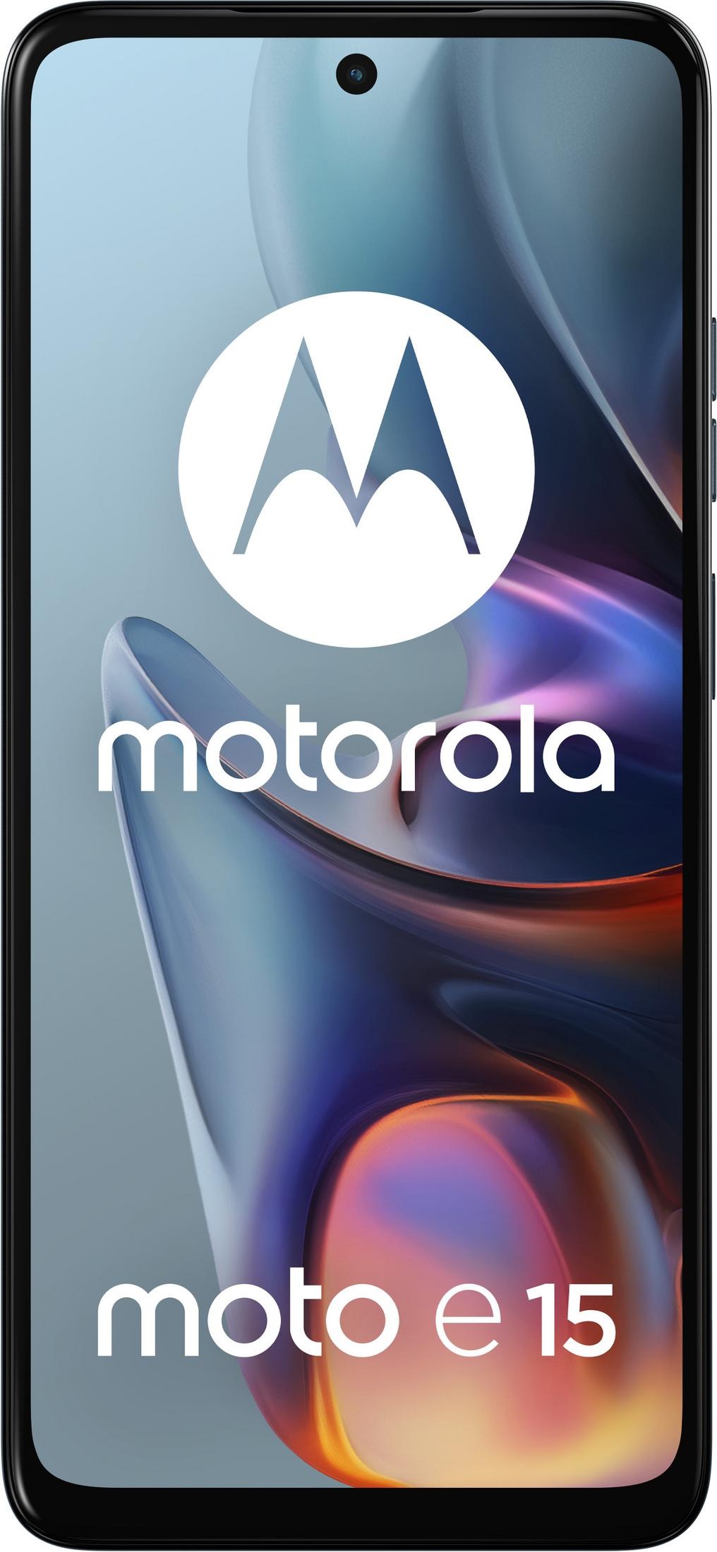 Lo schermo di un telefono Motorola Moto E15 mostra il logo Motorola. Lo sfondo è un gradiente di tonalità blu e viola.