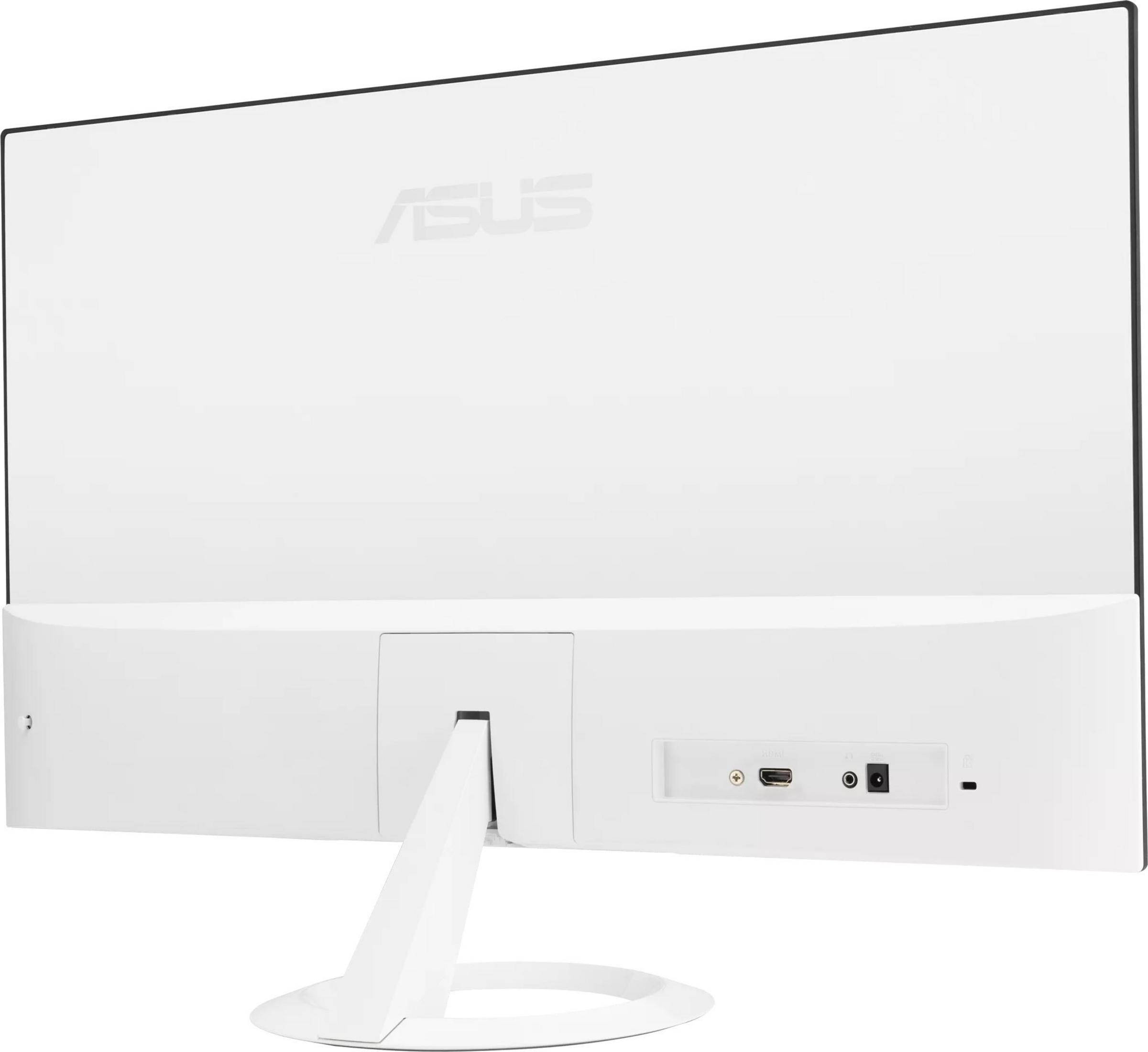 Widok z tyłu białego monitora komputerowego ze stojakiem. Widoczne logo ASUS. Różne porty na dole.