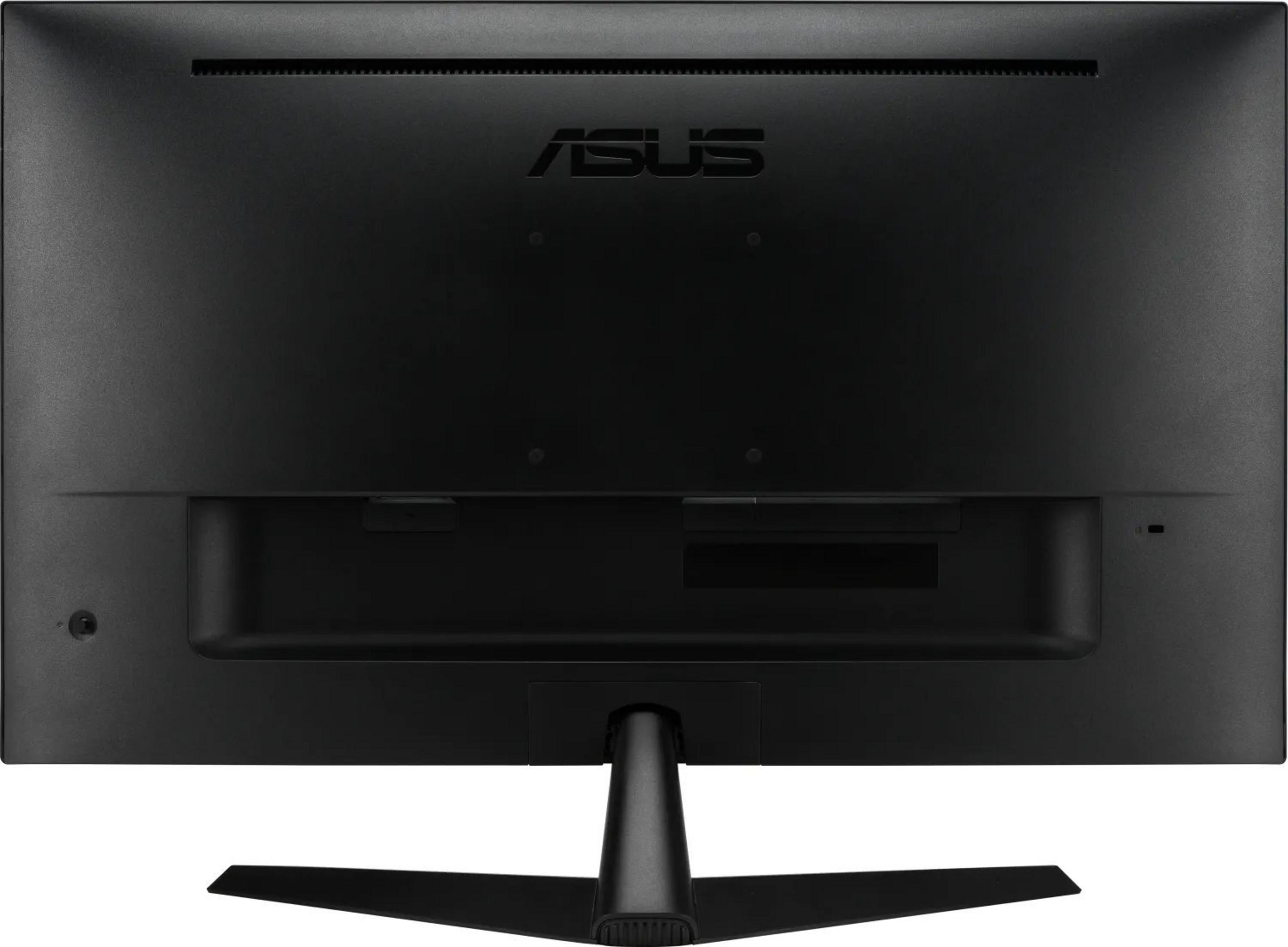La parte trasera de un monitor de computadora negro. El logotipo de ASUS es visible. El monitor está en un soporte negro.