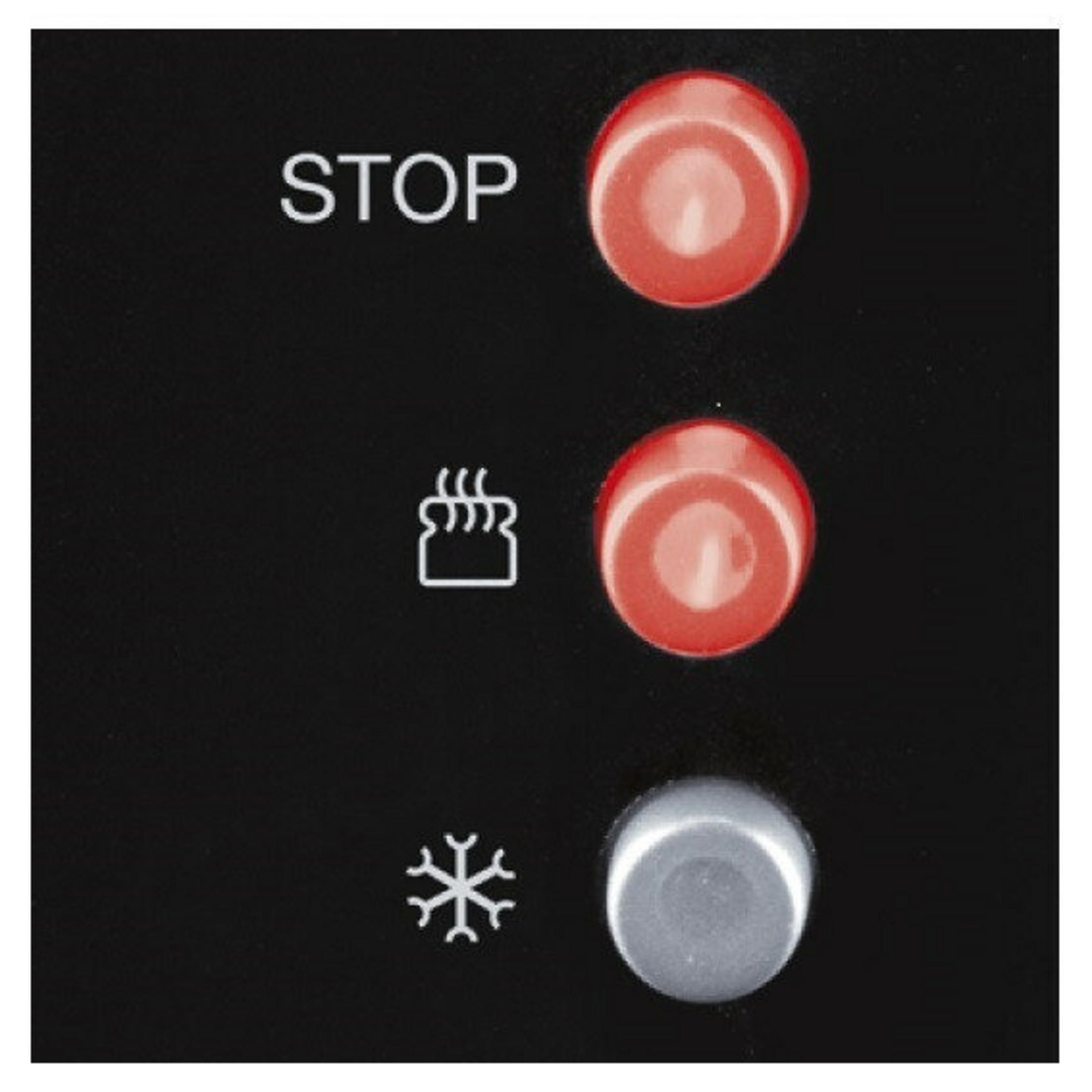 Schwarzes Panel mit weißem Text 'STOP', zwei roten Lichtern und Symbolen für Kochen und Gefrieren mit einem grauen Licht.