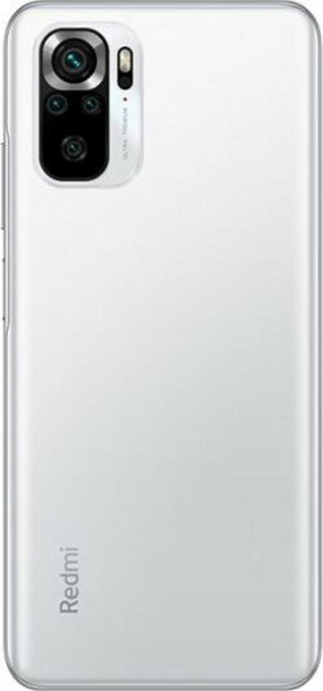 Weißes Redmi-Handy-Rückseite. Verfügt über ein Kameramodul mit mehreren Linsen und das Redmi-Logo.