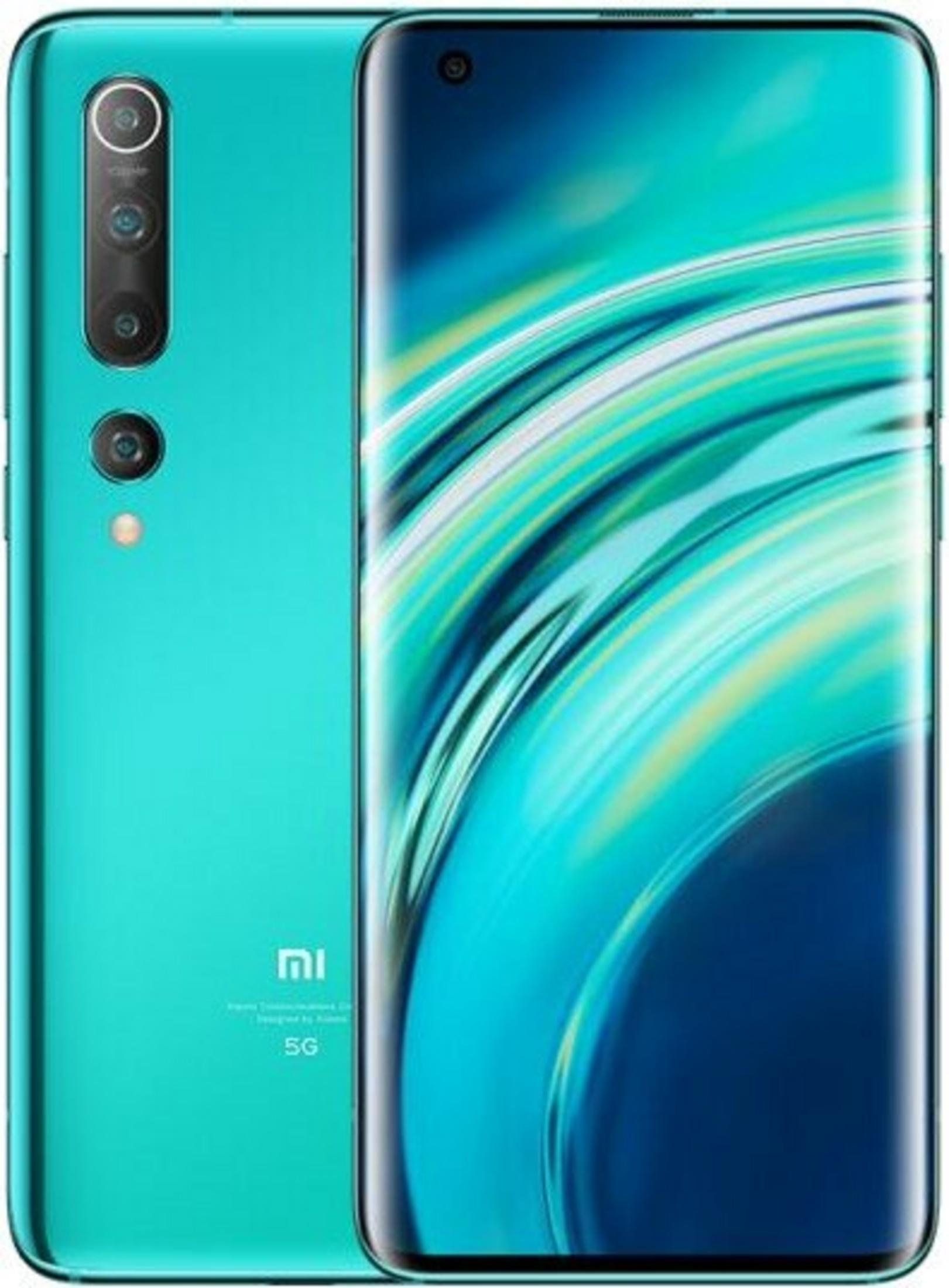 Turkusowy smartfon z zakrzywionym ekranem. Posiada wiele kamer i logo Xiaomi.