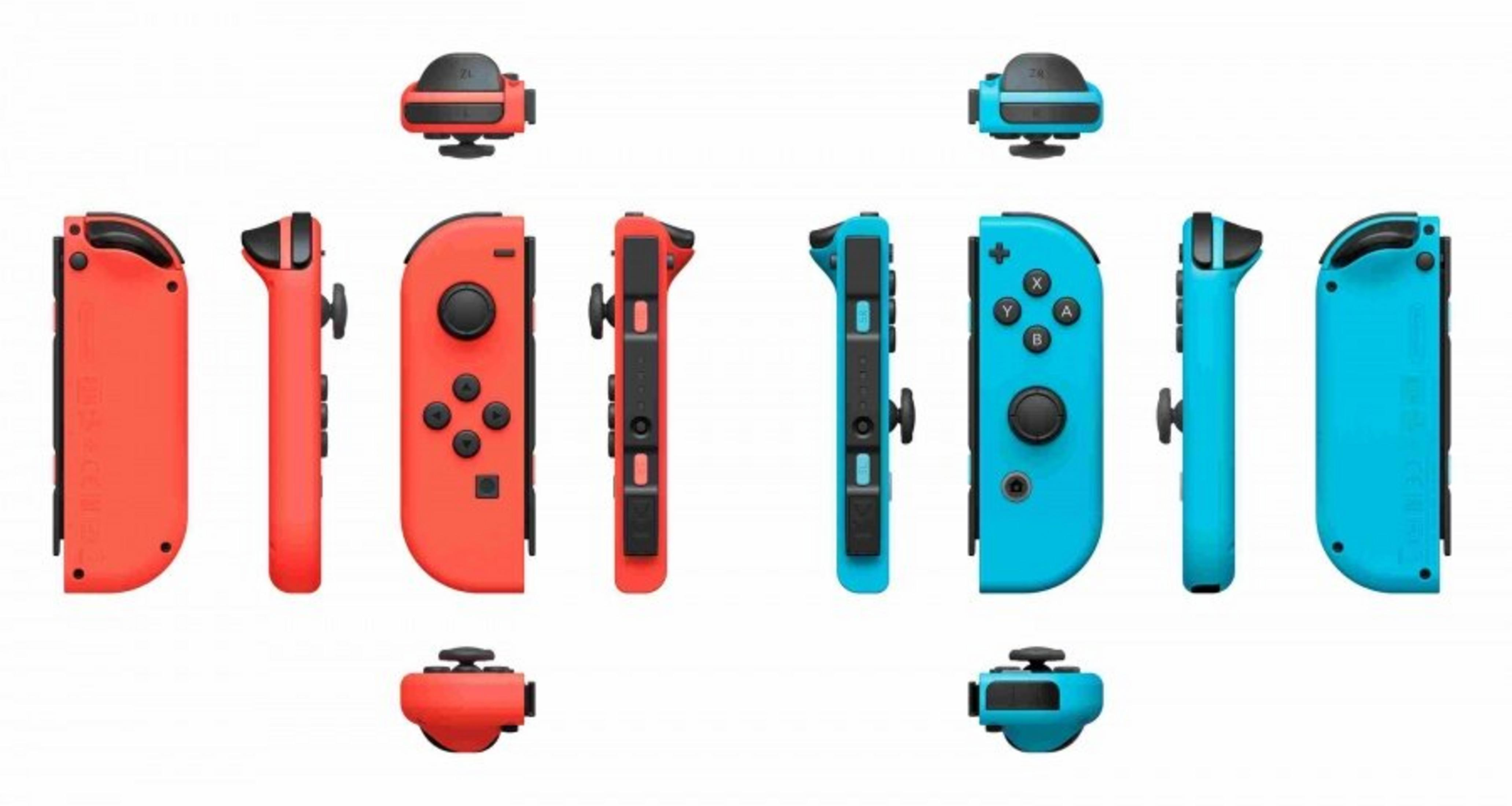 Imagen muestra mandos Joy-Con de Nintendo Switch: rojo y azul. Vistas muestran botones, joysticks y formas de mando.