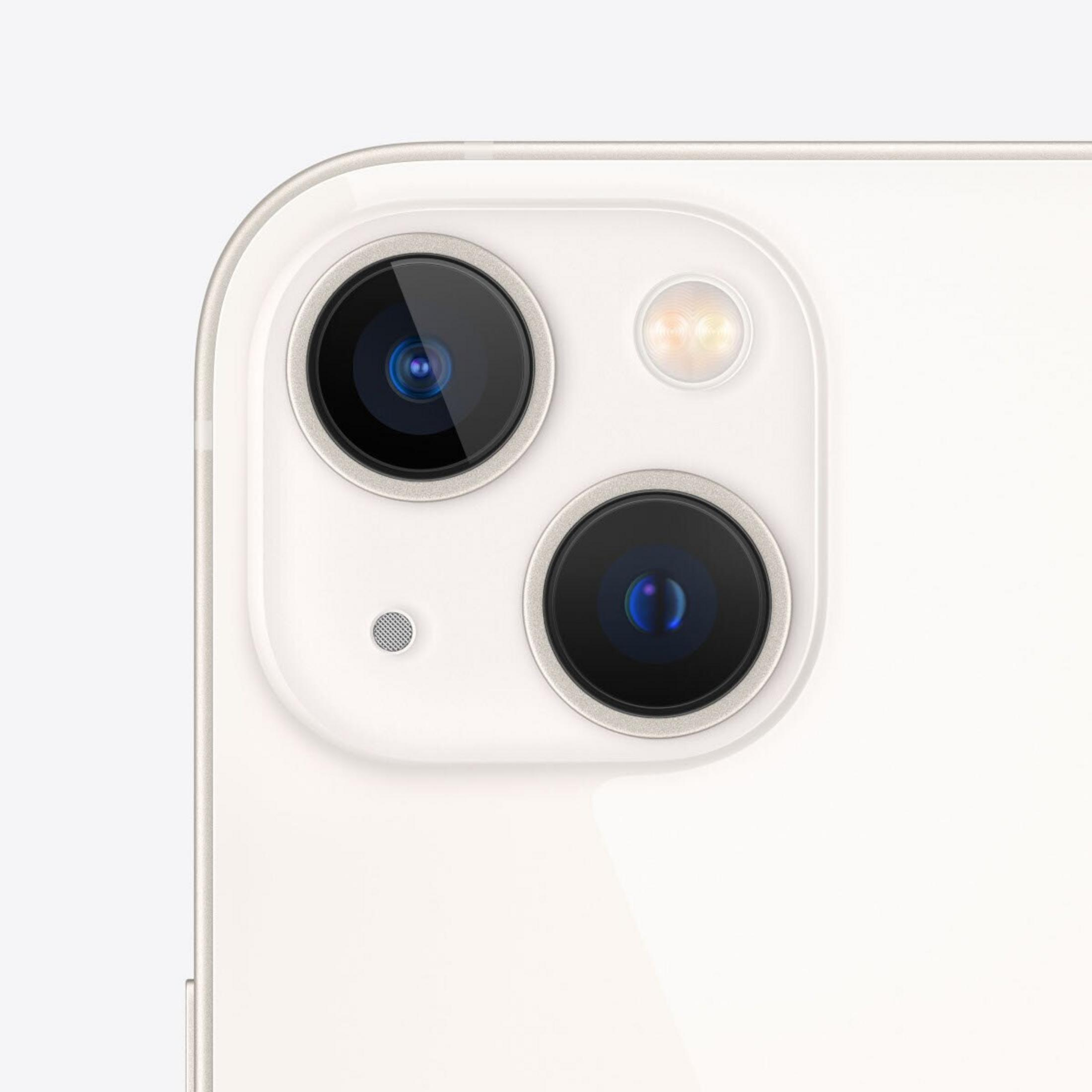Primo piano del modulo fotocamera di un telefono bianco. Due obiettivi, un flash e un piccolo microfono sono visibili.