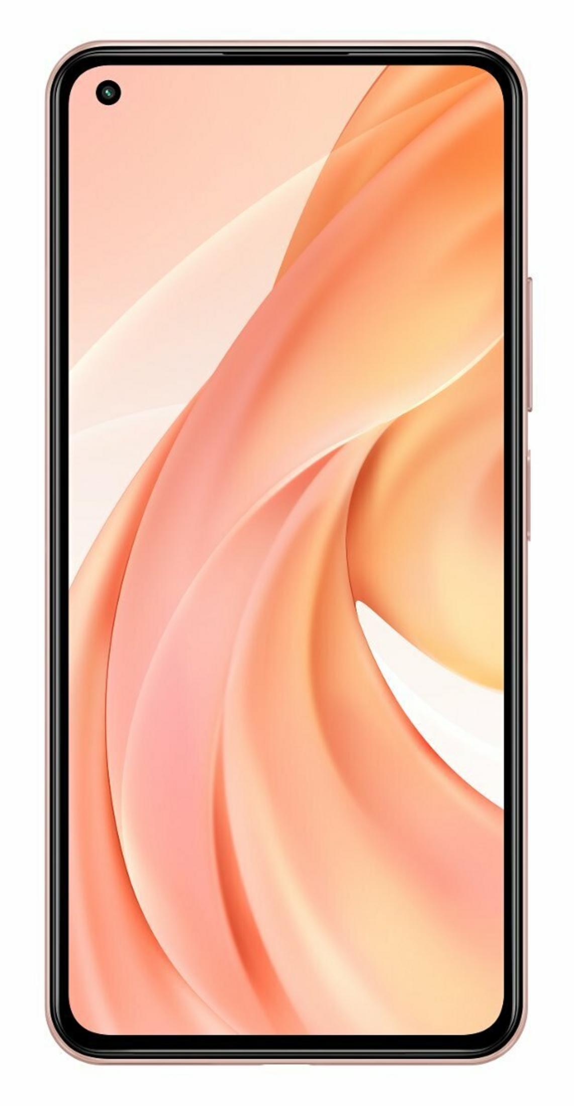 Smartphone-Bildschirm mit abstraktem rosa und orangefarbenem Flüssigkeitsdesign. Kamera oben. Schwarzer Rahmen um den Bildschirm.