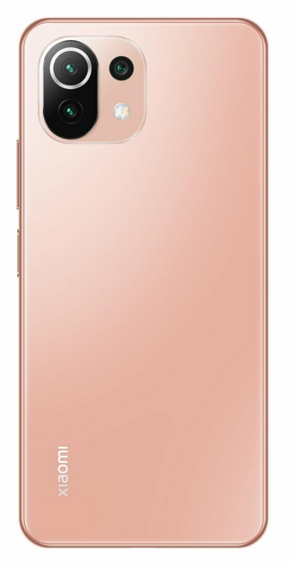 Ein roségoldenes Xiaomi-Handy. Es hat eine Dreifachkamera und einen Blitz. Das Xiaomi-Logo ist vertikal unten platziert.