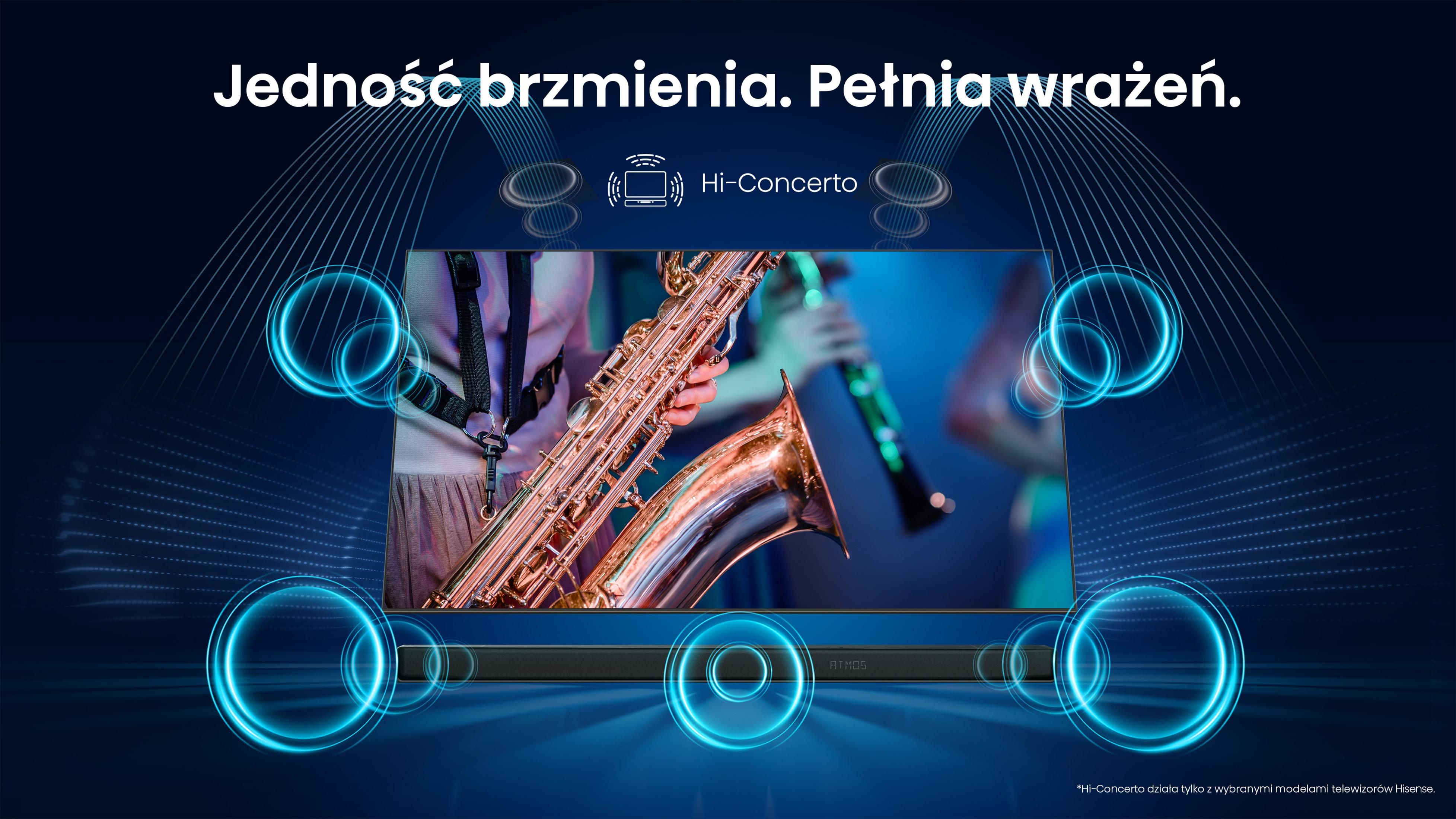 Un joueur de saxophone sur scène, avec une barre de son sous un écran de télévision. Graphiques d'ondes sonores bleues.