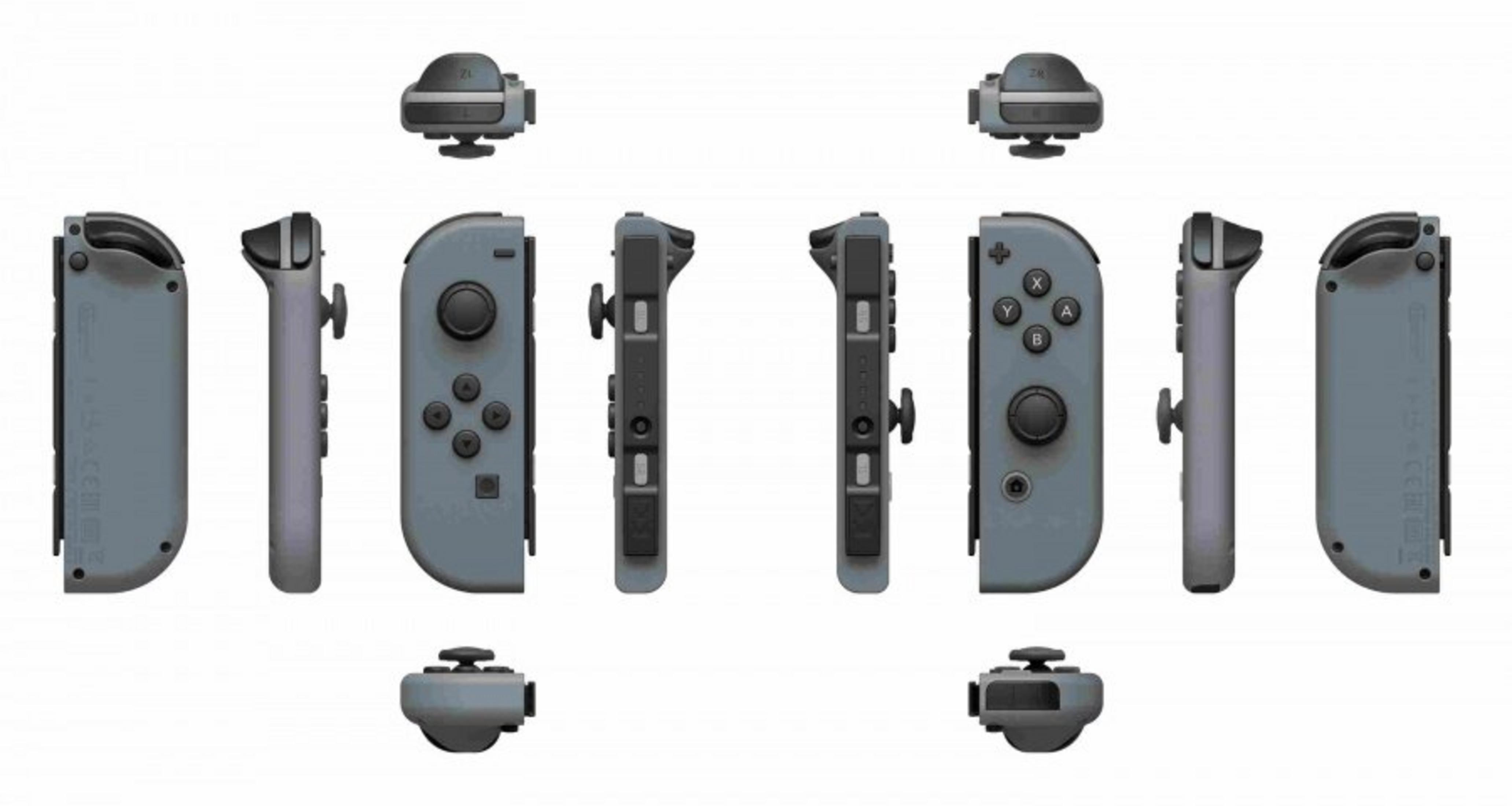 Graue Nintendo Switch Joy-Con-Controller in verschiedenen Positionen. Knöpfe und Schienen sind sichtbar. Der Hintergrund ist weiß.