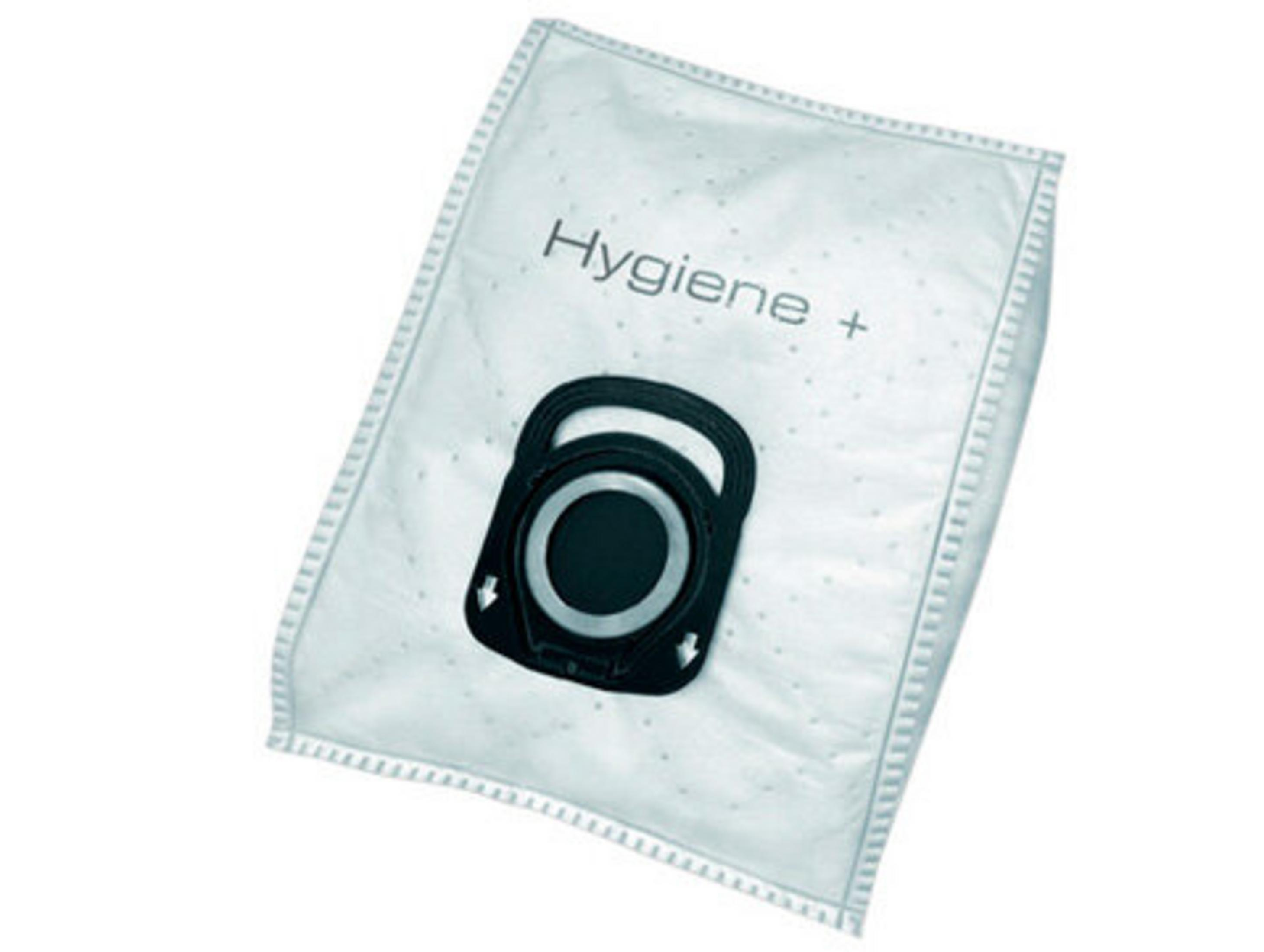 Sacco per aspirapolvere, bianco con elemento in plastica nera, testo 'Hygiene +', e sfondo bianco.