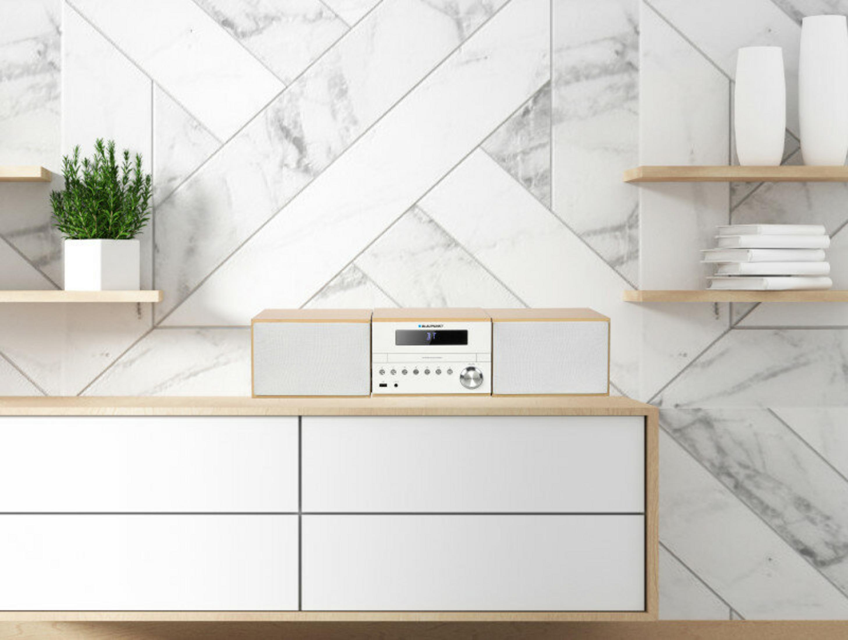 Un impianto stereo è su un mobile bianco. Una pianta, vasi e libri sono su mensole contro un muro di marmo.