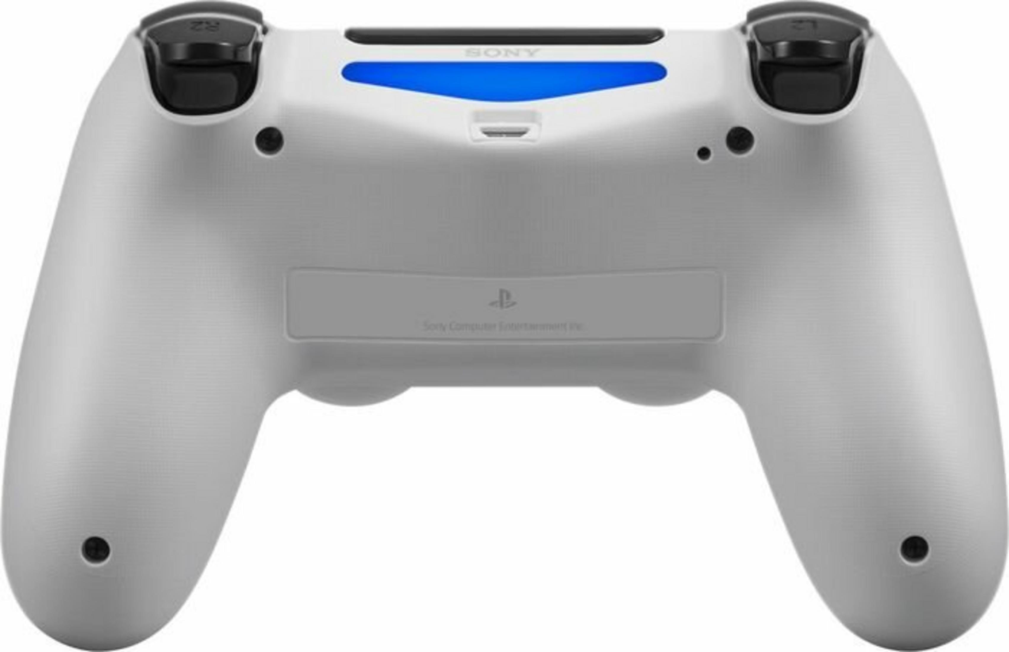 Ein weißer Playstation 4-Controller mit schwarzen Knöpfen. Blaues Licht oben, Sony-Logo und ein kleiner Anschluss.