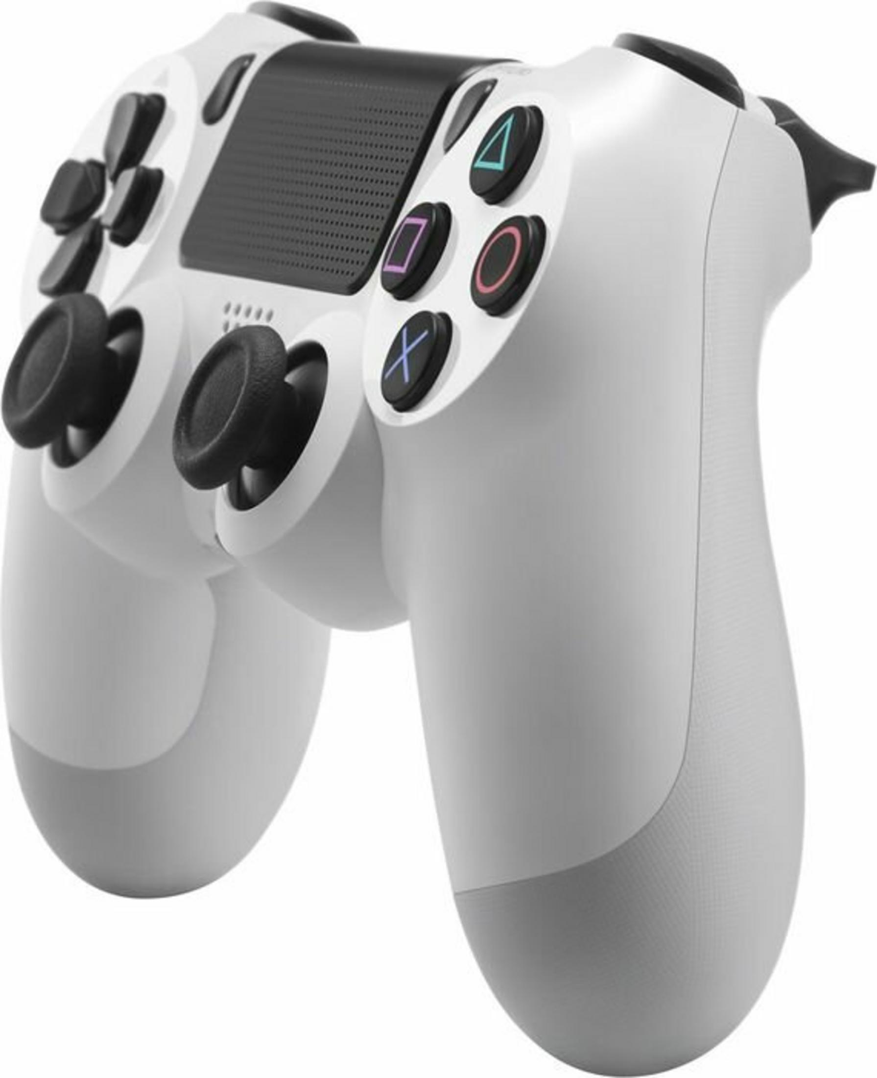 Ein weißer PlayStation 4-Controller mit schwarzen Knöpfen und Joysticks. Die Knöpfe sind blau, rosa, grün und lila.