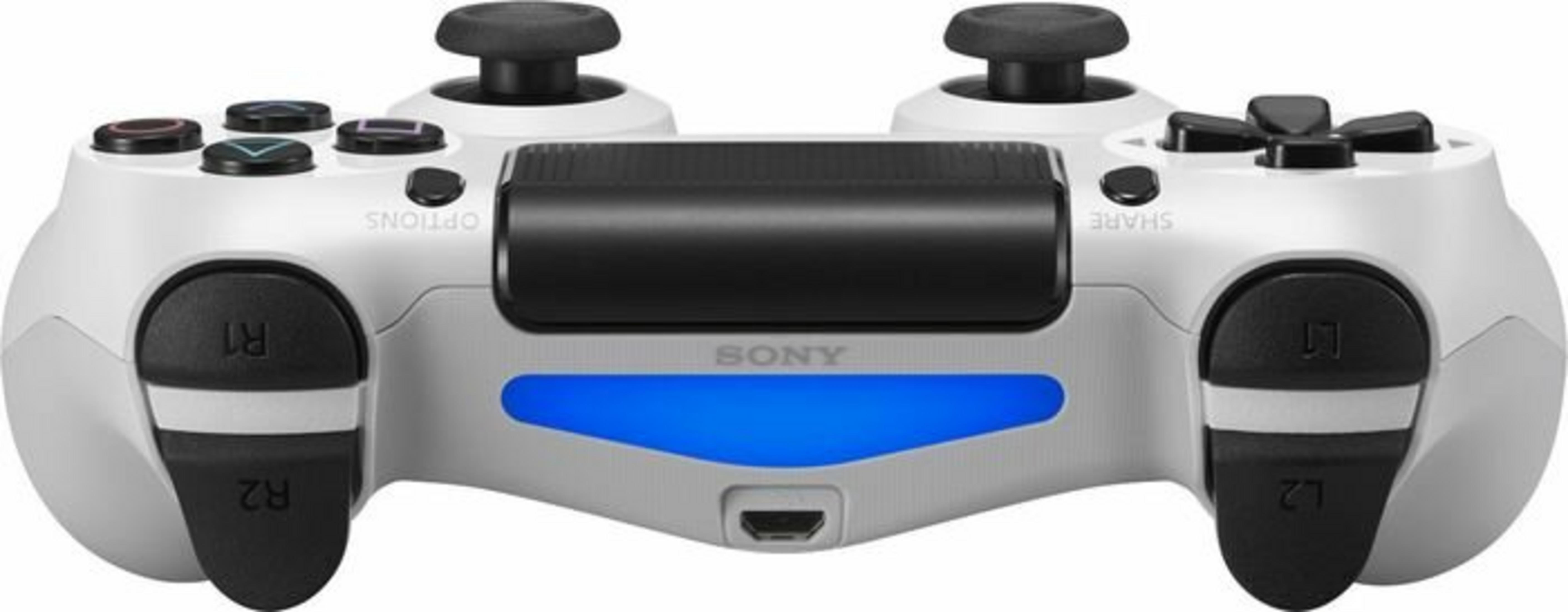 Ein weißer Playstation 4-Controller mit schwarzen Knöpfen, Joysticks und Triggern. Er hat ein blaues Licht und das Sony-Logo.