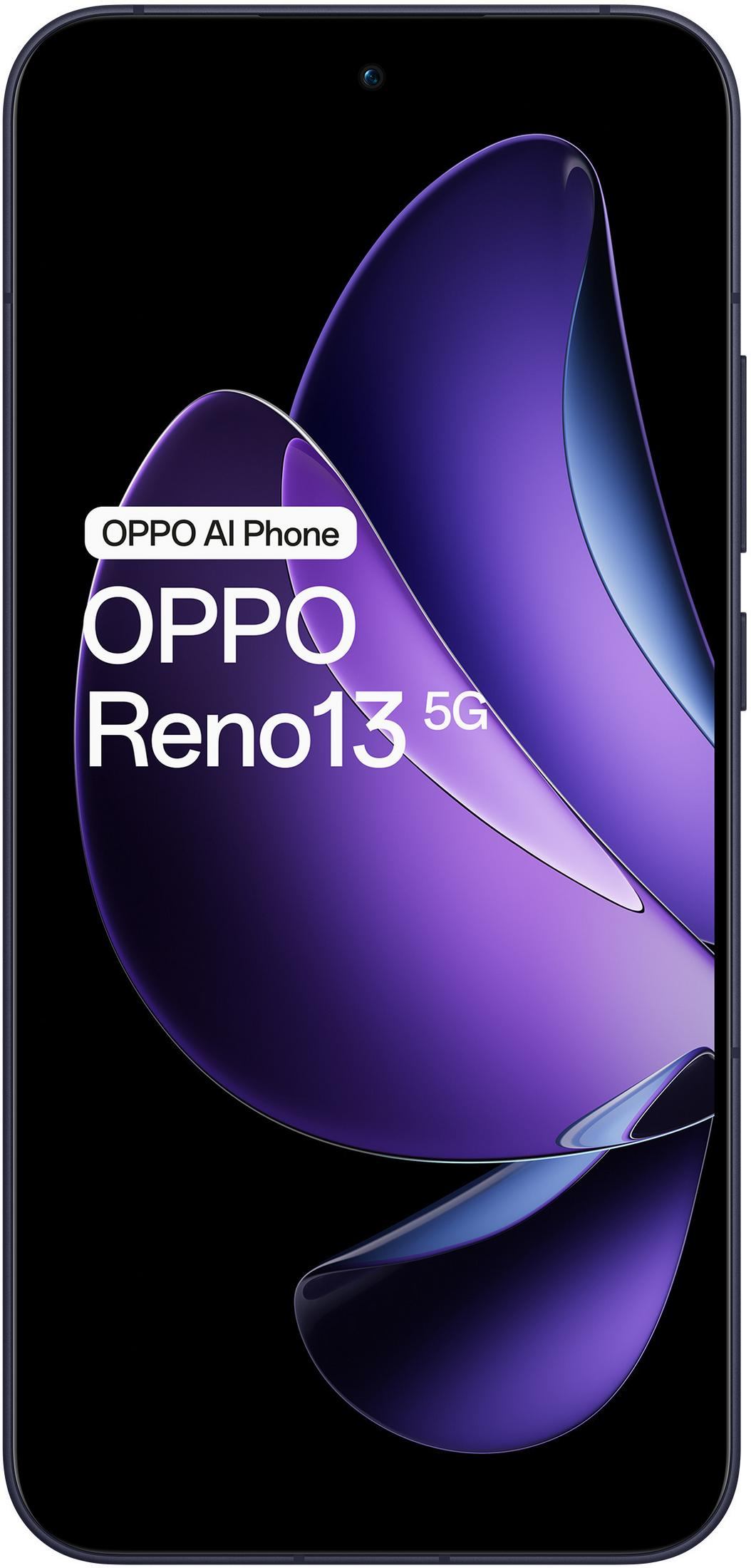 Telefono OPPO Reno13 5G in mostra. Sfondo viola astratto con logo e modello.