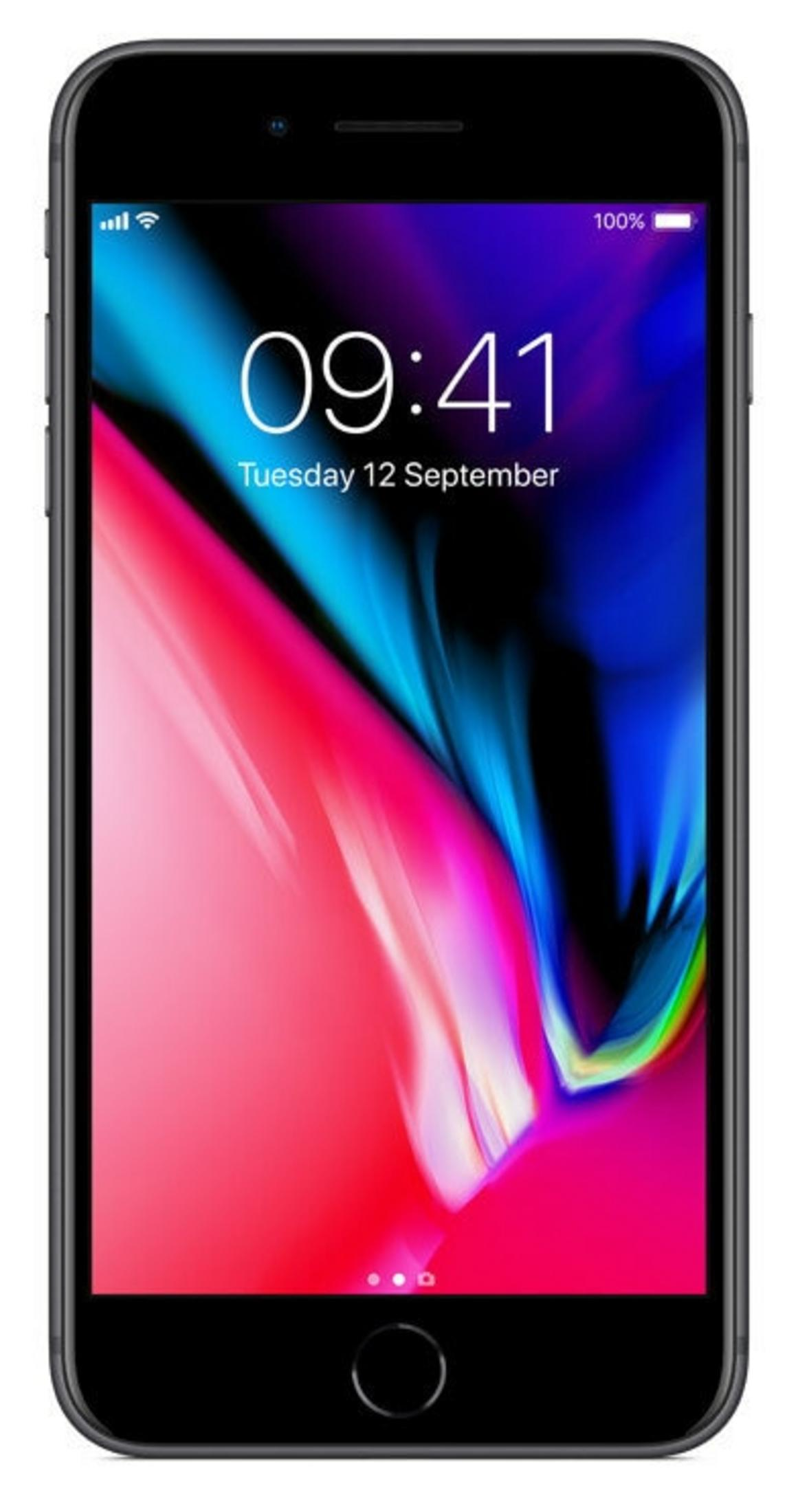 Czarny iPhone wyświetla godzinę 09:41, wtorek 12 września, z kolorowym, abstrakcyjnym tłem w kolorze różowym i niebieskim.