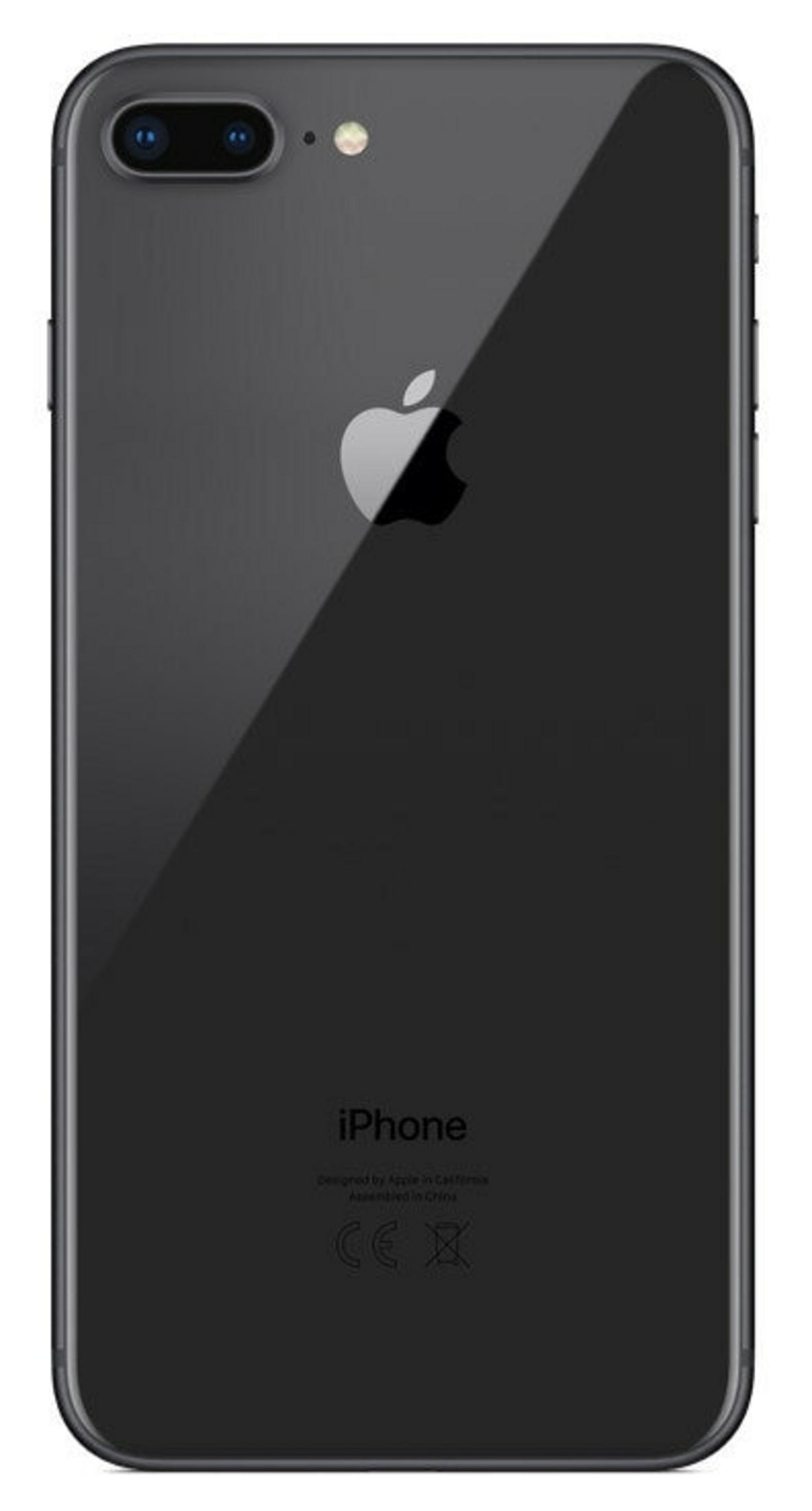Czarny tył iPhone'a 8 Plus. Widoczny podwójny aparat, logo Apple i tekst iPhone. Elegancki design, błyszcząca powierzchnia.