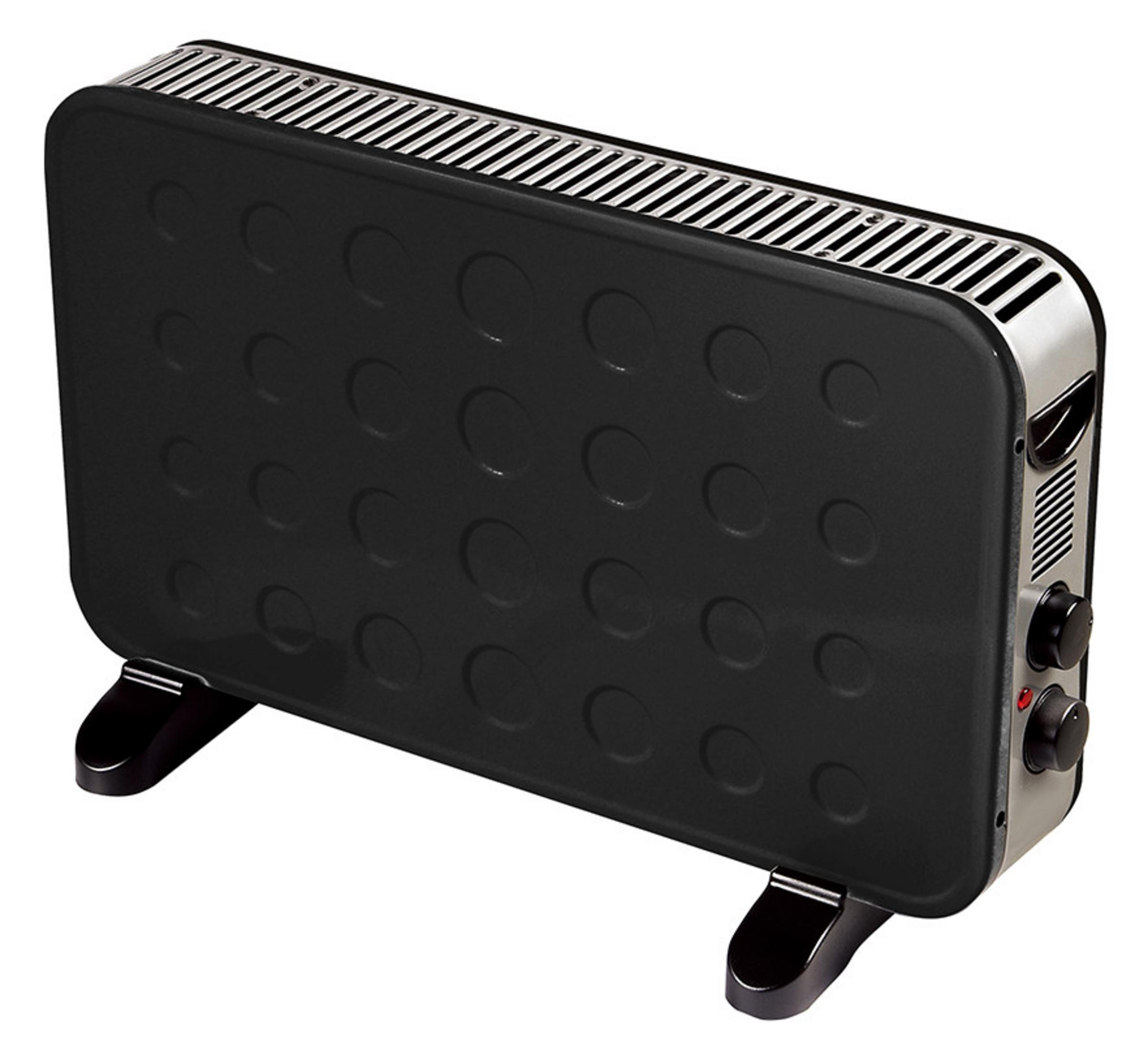 Czarny grzejnik elektryczny z zaokrąglonymi rogami i srebrnymi akcentami, posiada pokrętła i wzorzysty przód.