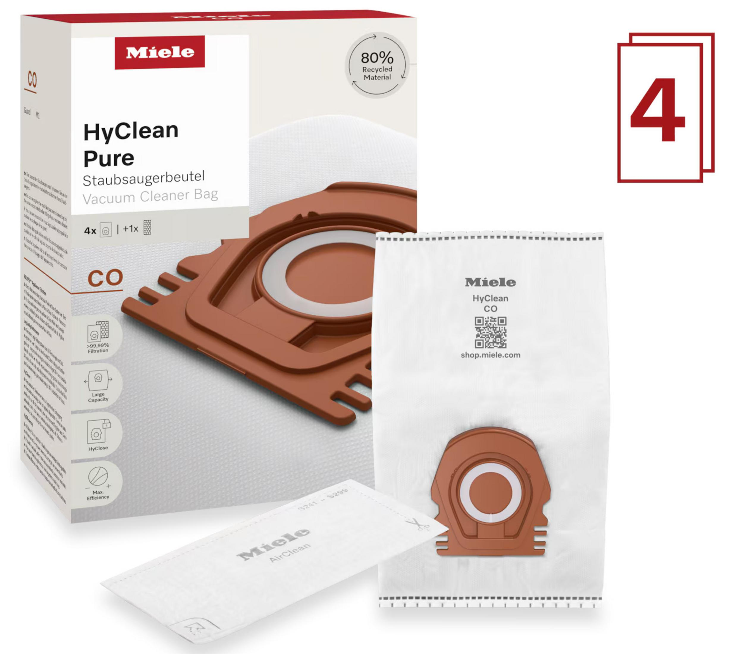 Miele elektrikli süpürge torbaları kutusu, bir torba ve 4'lü bir paket ile. Metin 'HyClean Pure' yazıyor.