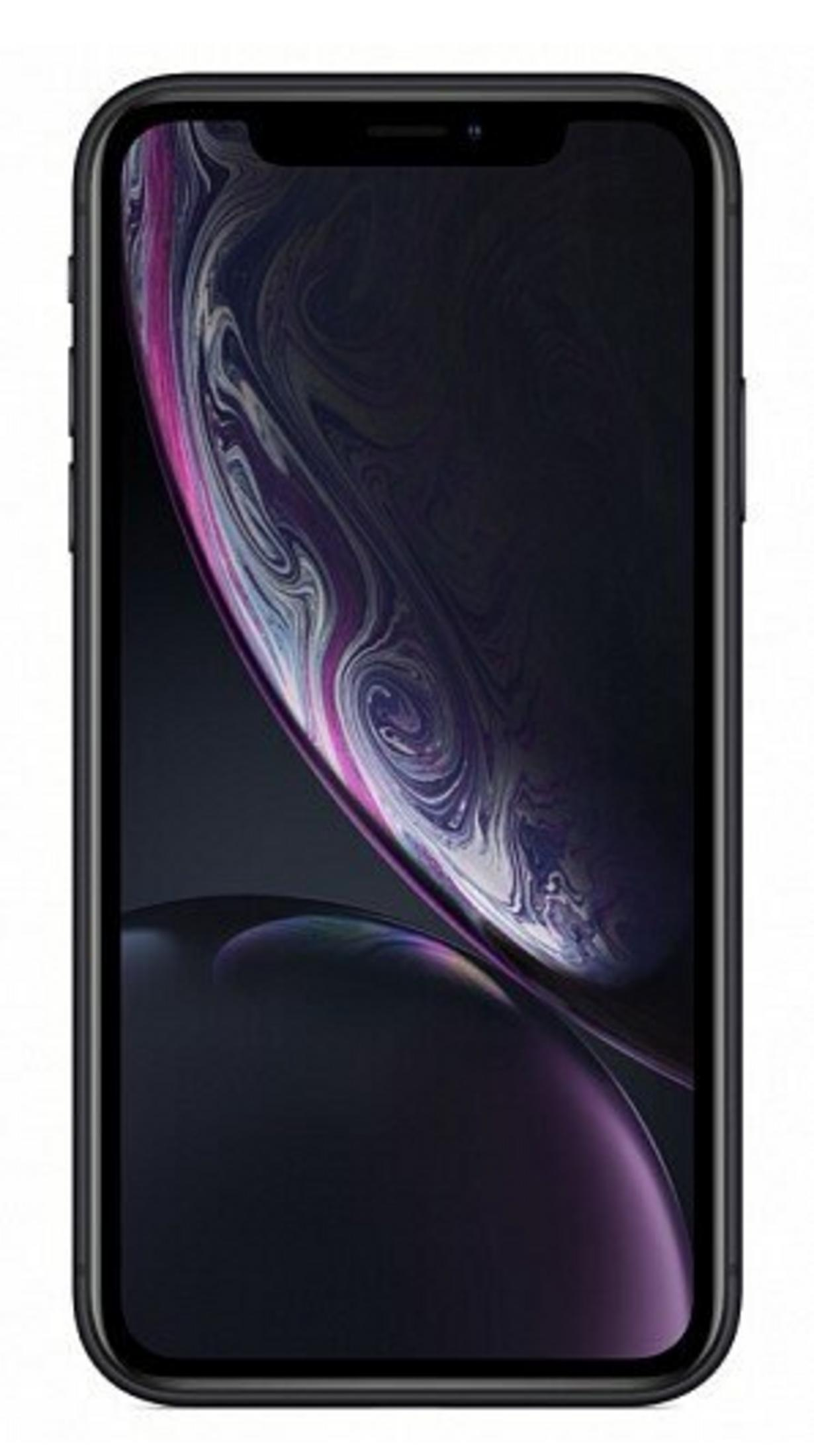 Czarny smartfon wyświetla na ekranie wirujący, abstrakcyjny, fioletowo-biały wzór. Telefon ma zaokrąglone krawędzie.