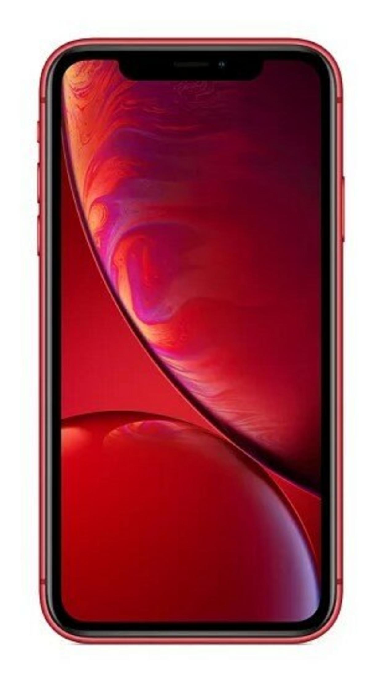 Czerwony iPhone XR. Ekran wyświetla abstrakcyjne czerwone wzory, telefon ma czerwoną ramkę i czarne obramowania ekranu.
