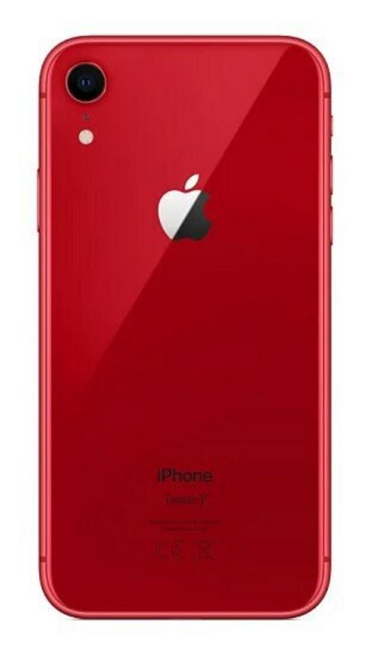 Czerwona tylna strona iPhone'a XR. Ma aparat, logo Apple i napis iPhone. Powierzchnia jest błyszcząca.