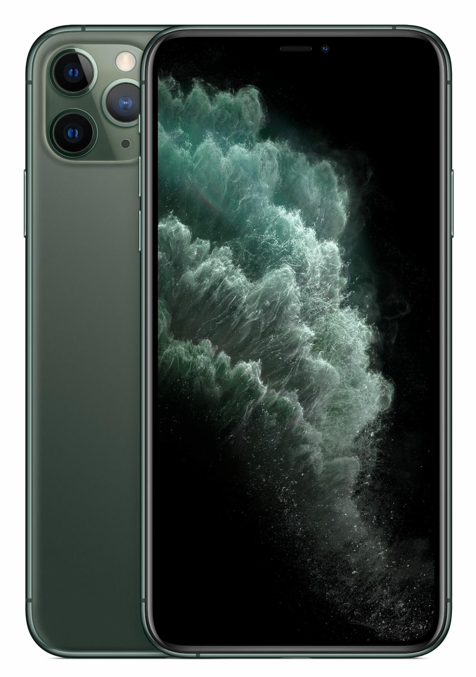 Zielony iPhone z trzema aparatami i czarnym ekranem wyświetlającym abstrakcyjny obraz chmury.