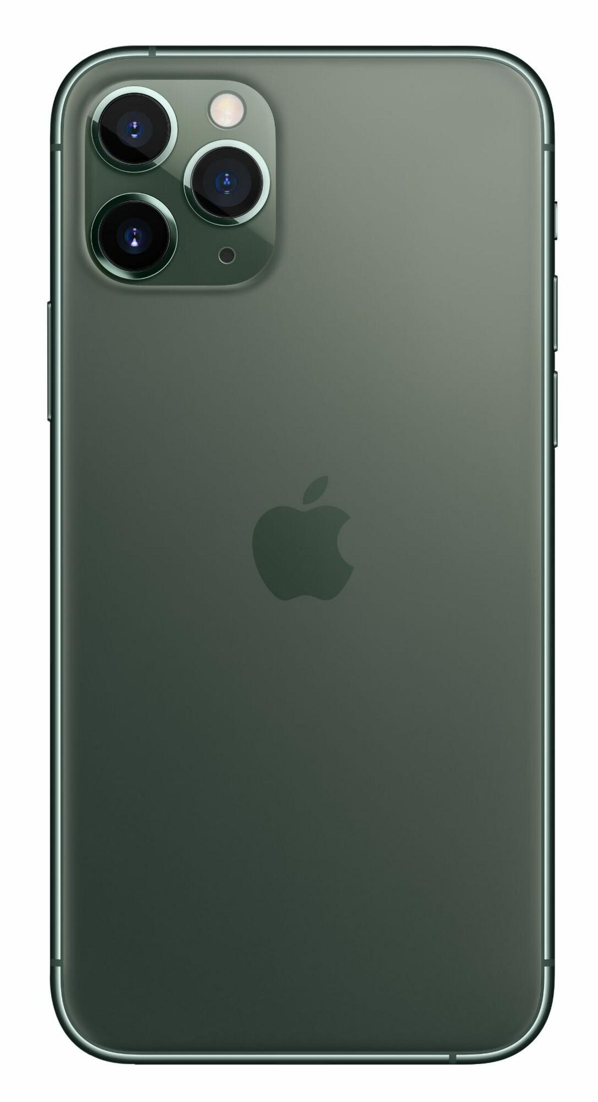 Tył ciemnozielonego iPhone'a z trzema aparatami, logo Apple i srebrną ramką. Tło jest białe.