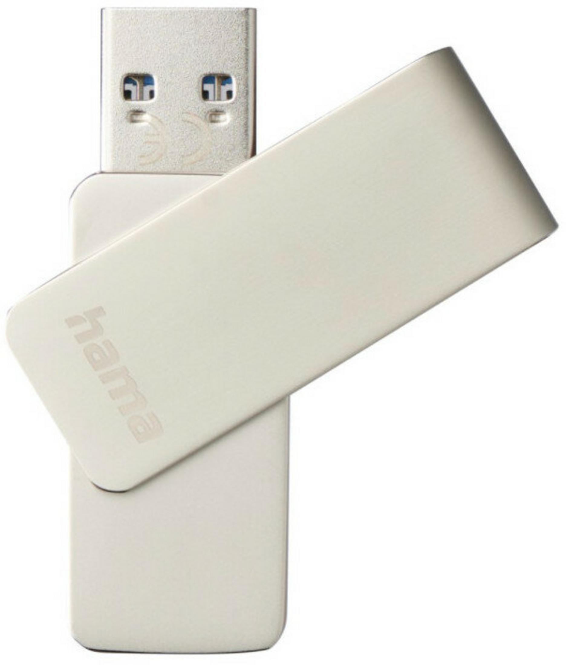 Una chiavetta USB bianca. Il marchio 'hama' è visibile. Il connettore USB è argentato.