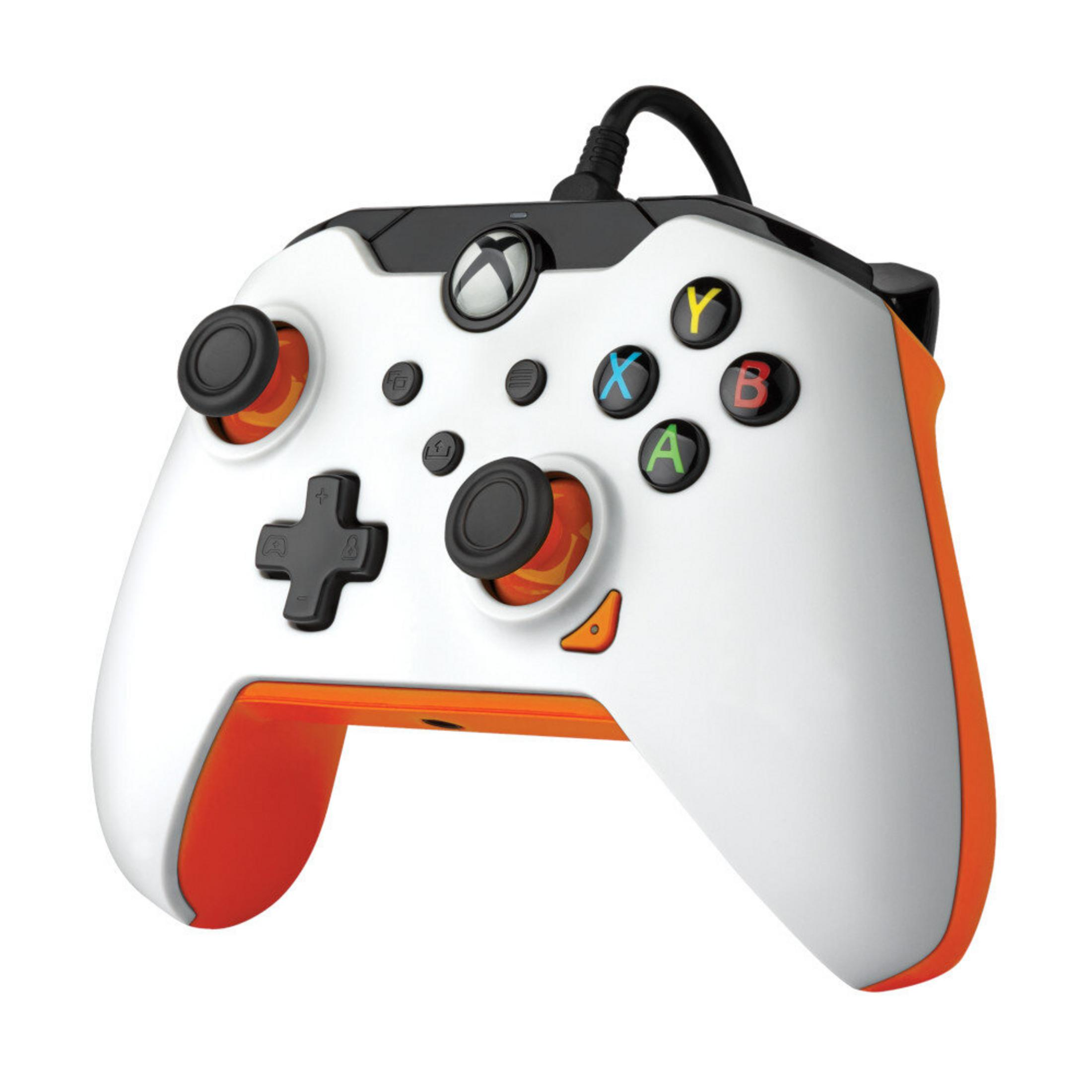 Weißer Xbox-Controller mit orangefarbenen Akzenten und schwarzen Knöpfen. Das Kabel ist schwarz. Die Tasten sind farbig.