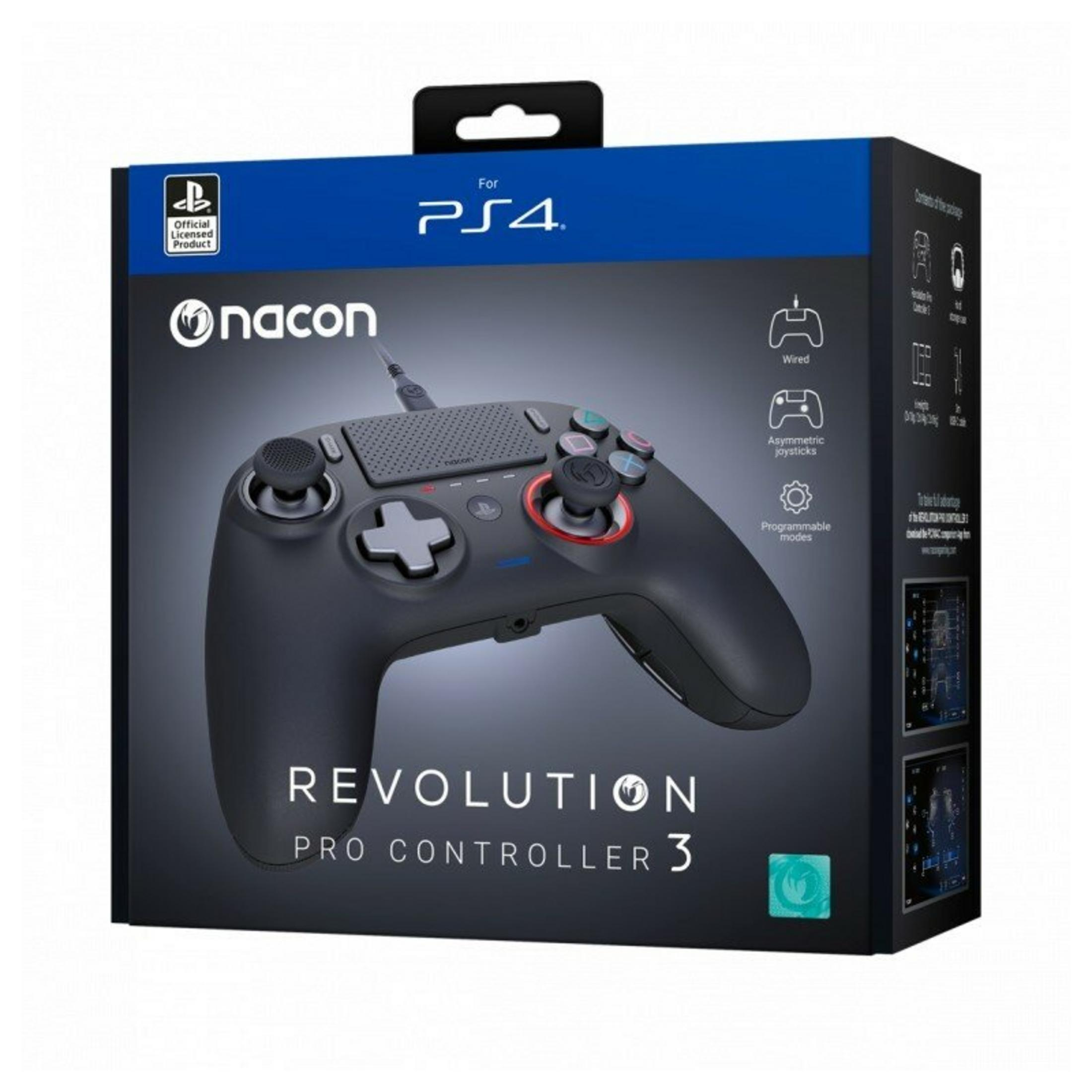 Czarny karton Nacon Revolution Pro Controller 3. Jest dla PS4. Kontroler jest widoczny na pudełku. Ma przyciski i joysticki.