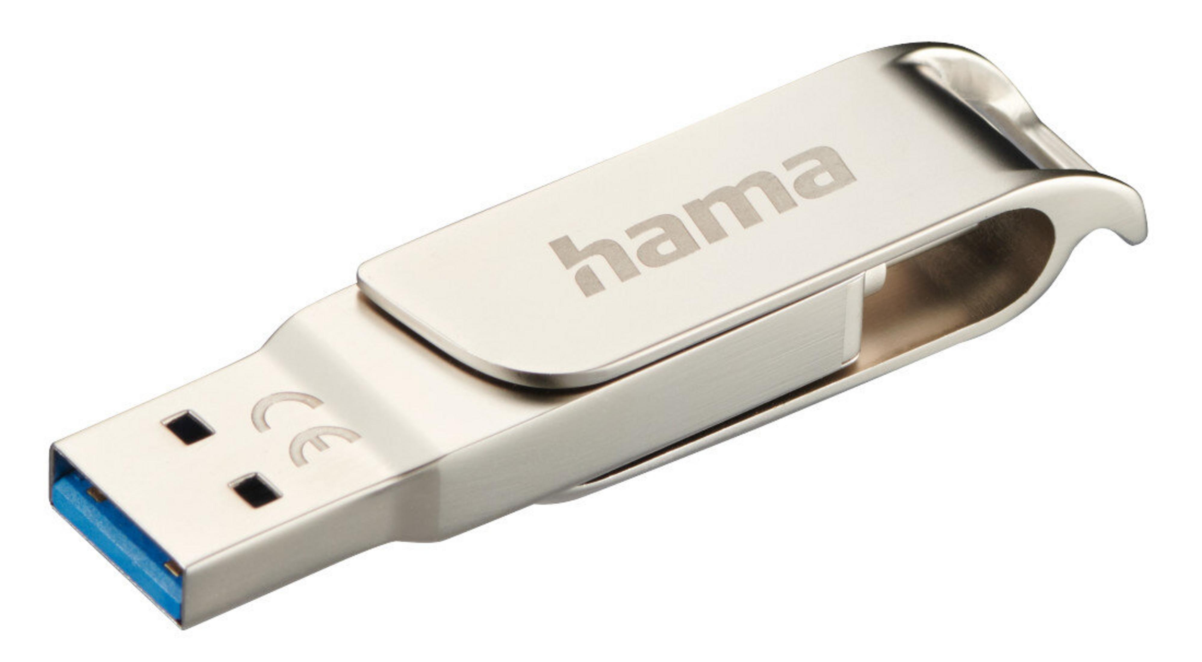 Srebrny pendrive Hama z nazwą marki na górze, na białym tle.