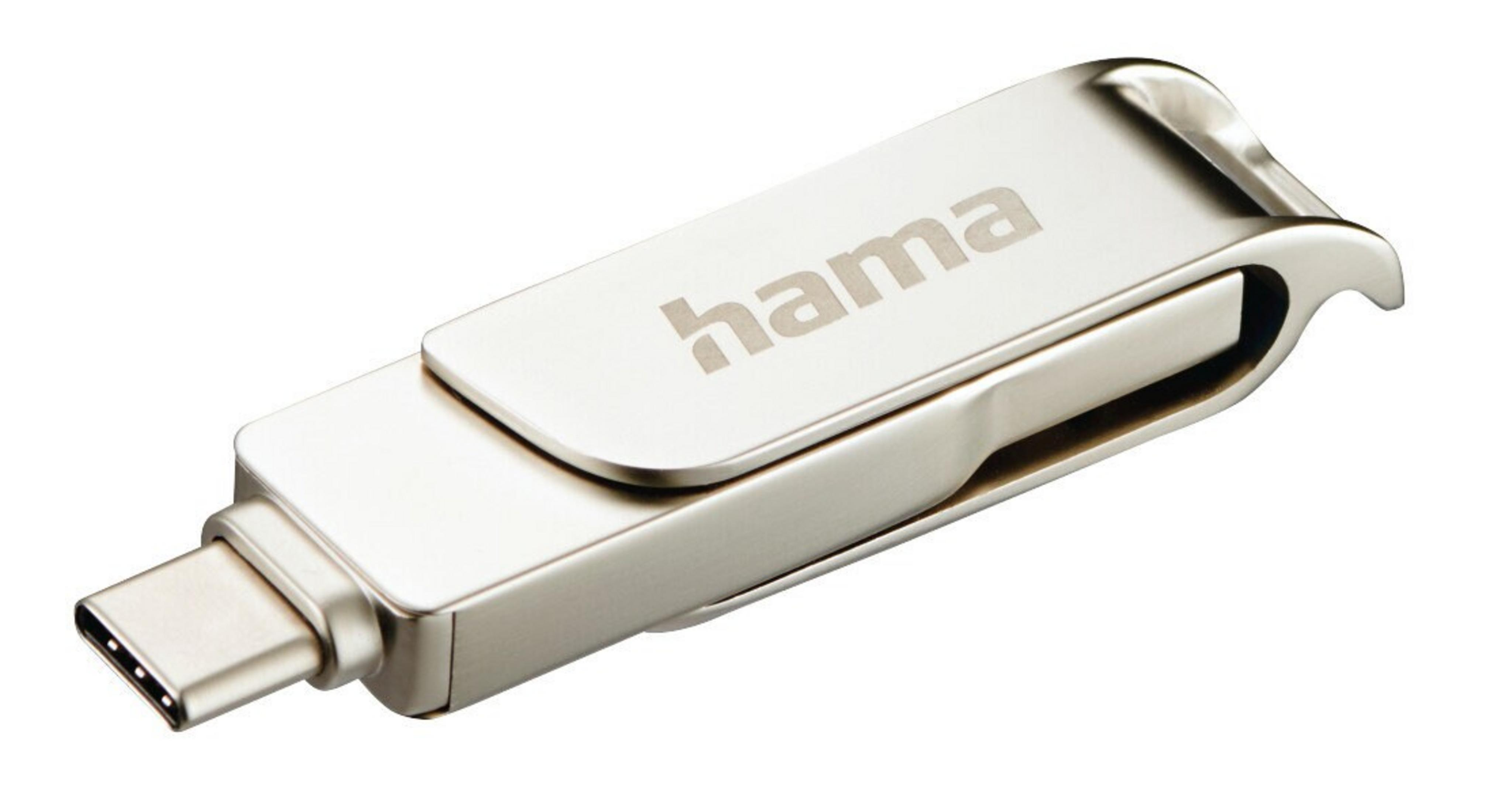 Srebrny pendrive USB-C Hama. Nazwa marki jest nadrukowana na górze. Ma metaliczne wykończenie i zakrzywioną konstrukcję.