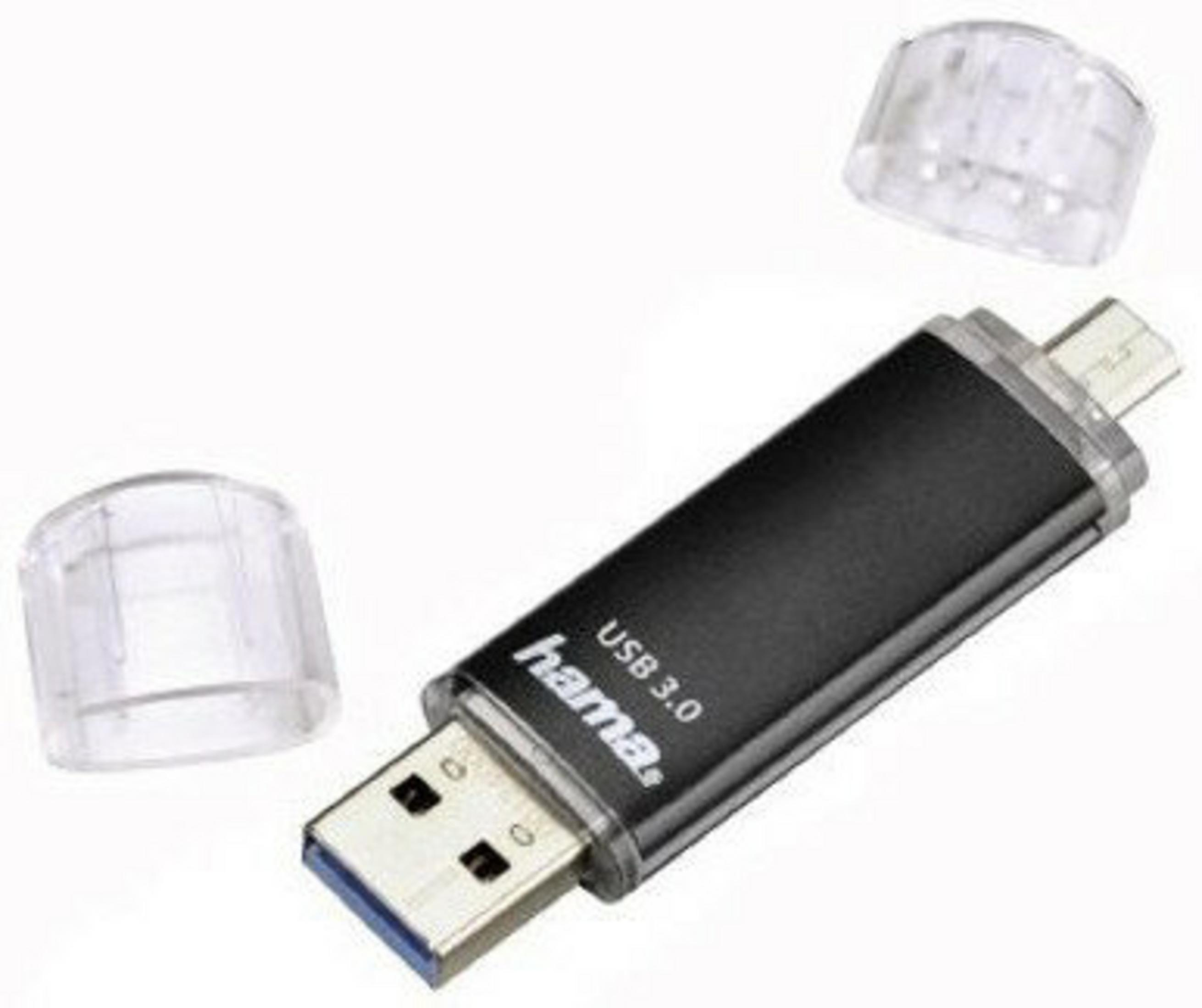 Czarny pendrive z przezroczystymi nakładkami. Marka Hama, USB 3.0. Dwie przezroczyste nakładki są zdjęte.