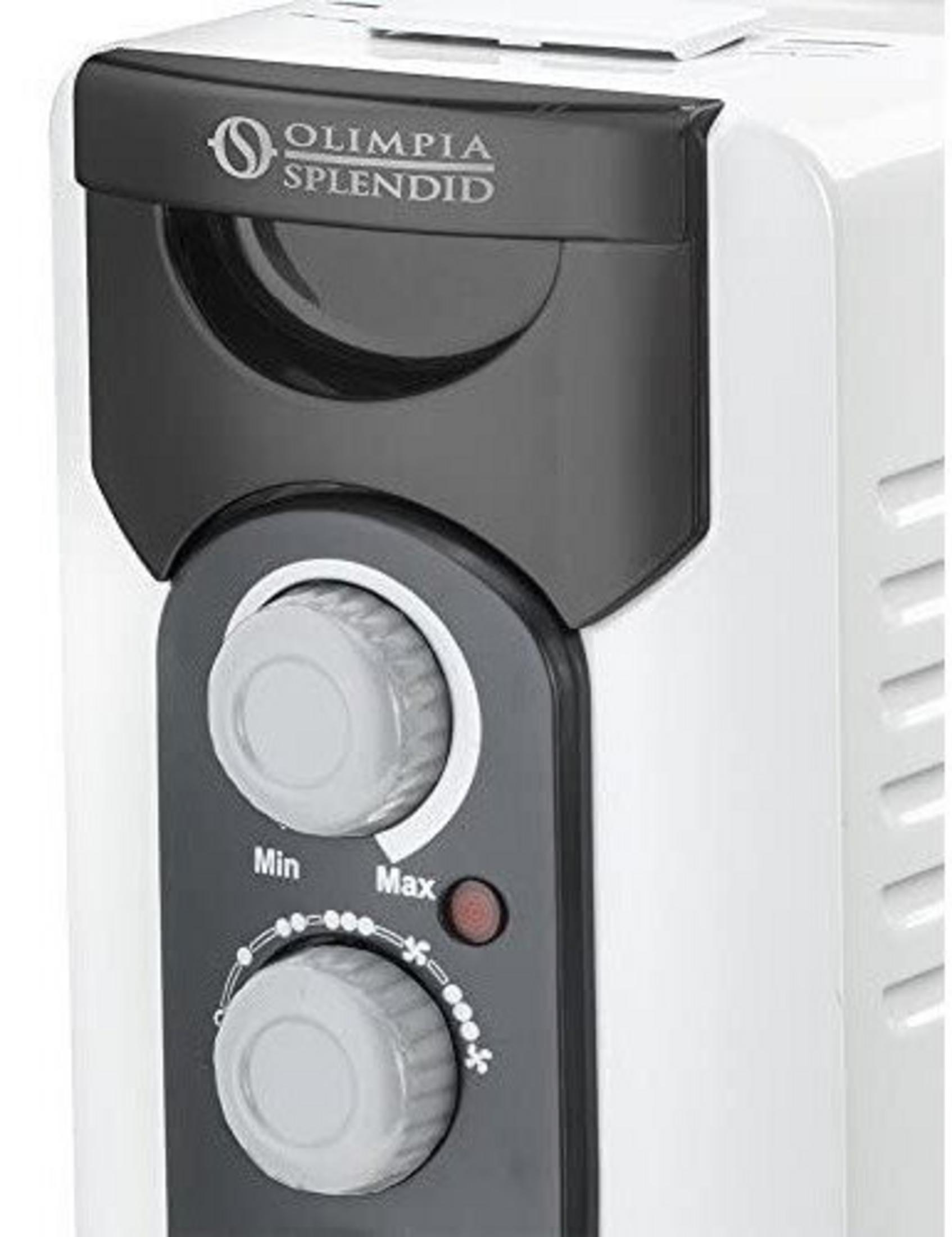 Zbliżenie na biało-czarny grzejnik elektryczny z pokrętłami i marką 'Olimpia Splendid'.