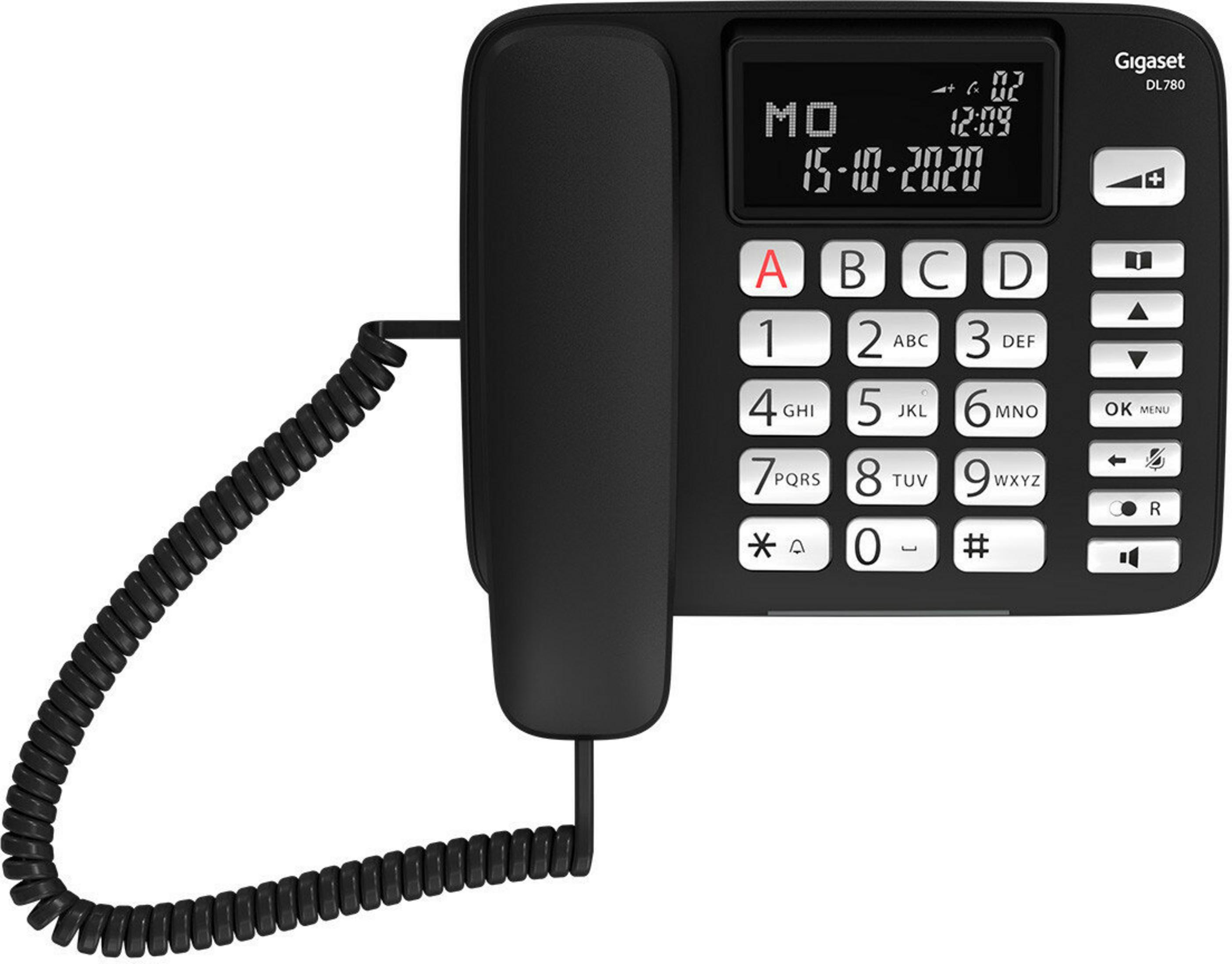 Telefono nero Gigaset DL780 con cavo a spirale. Il display mostra ora e data. Tasti numerici e tasti funzione visibili.