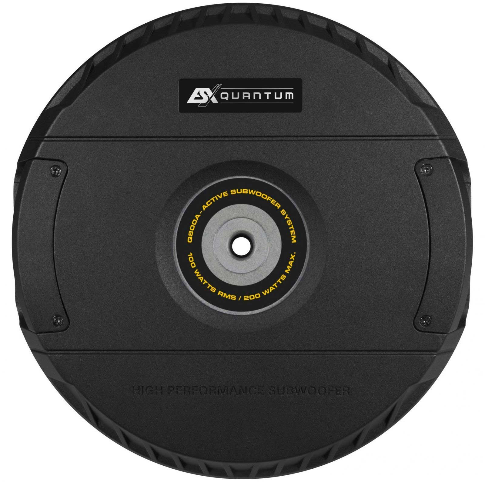 Ein schwarzer Subwoofer mit weißem Text: Quantum, Active Subwoofer System. 100 Watt RMS / 200 Watt Max. High Performance Subwoofer.